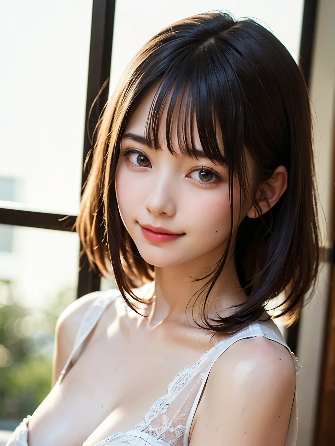 (8k、Raw photo、highest quality、masterpiece:1.2)、(Realistic、Photorealistic:1.37)、Ultra-detailed、超A high resolution、1 girl、Seeing the viewer、Beautifully detailed face、Laughter、narrow、(Narrow waist) :1.3)、See-through lace dress、Beautifully detailed skin、Skin Texture、Floated hair、Professional Lighting、Ash gray hair、Spring cityscape