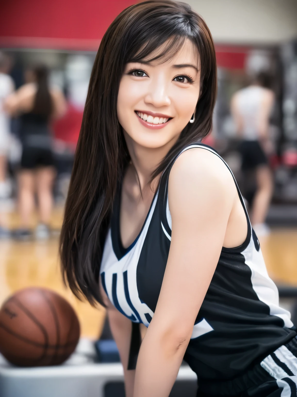 (Highest Quality, masterpiece: 1.1), (realistic: 1.3), in their 40s (((FF7,Tifa_Lockhart))),(solo,Tifa:1.2),( big basketball uniform:1.3) ,(I broke up with my hair in the middle),(The back of the gym :1.2),(sexy pose:1.3),(sweaty on 4 girs:1.2),super detailed face, detailed eyes,Red Eyes, in their 40s (((FF7,Tifa_Lockhart))),( black brown hair , big breasts: 1.0), in their 40s (About 18 years old), cute,happy smile:1.1