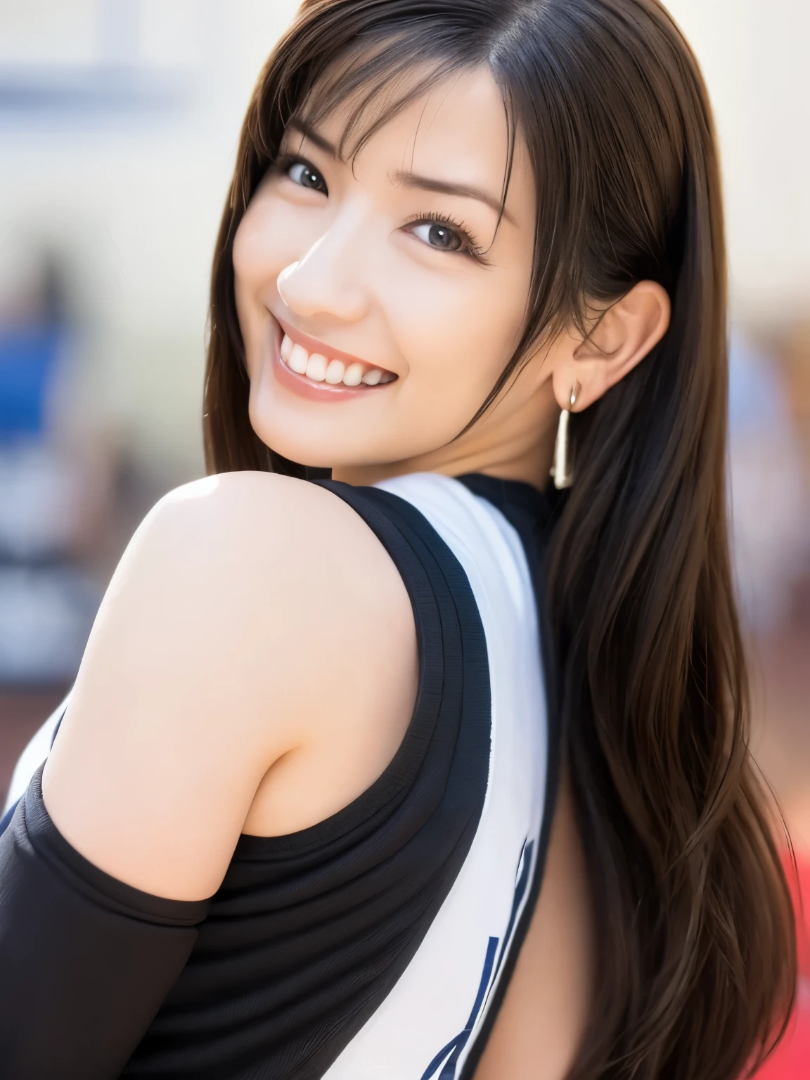 (Highest Quality, masterpiece: 1.1), (realistic: 1.3), in their 40s (((FF7,Tifa_Lockhart))),(solo,Tifa:1.2),( big basketball uniform:1.3) ,(I broke up with my hair in the middle),(The back of the gym :1.2),(sexy pose:1.3),(sweaty on 4 girs:1.2),super detailed face, detailed eyes,Red Eyes, in their 40s (((FF7,Tifa_Lockhart))),( black brown hair , big breasts: 1.0), in their 40s (About 18 years old), cute,happy smile:1.1