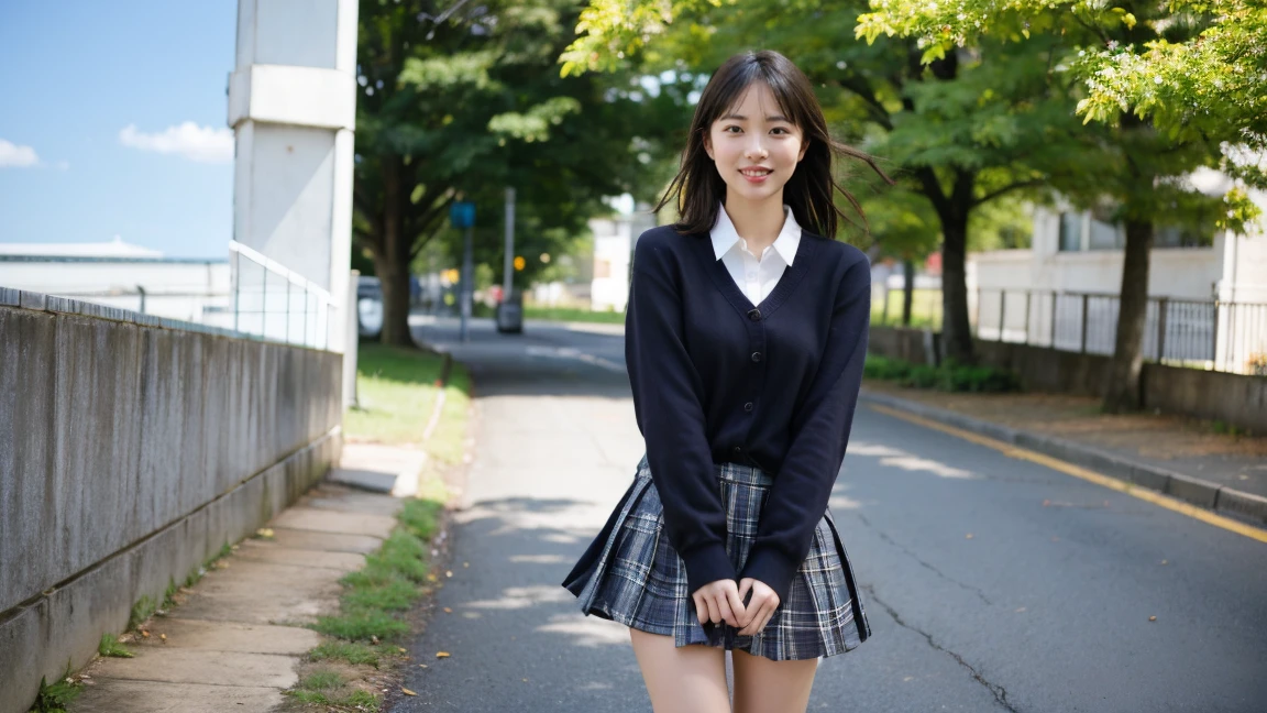 a girl wearing Silk Canadian Plaid Skirt Uniform: Often includes a plaid skirt, blouse, and sometimes a sweater.
