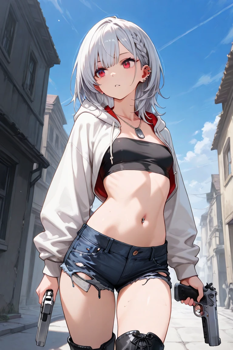 1 girl, solo, Shiina_Yuika, Nijisanji, white hair with dark tips, blue eyes, cute blue hair clip, large breasts, sleeveless shirt, wide V-neck, crop-top, patterned black short trousers with belt, kneehigh socks, snickers, back against the wall, shoulder look, guitar, microphone, cold expression, alleyway in background, gorgeous girl