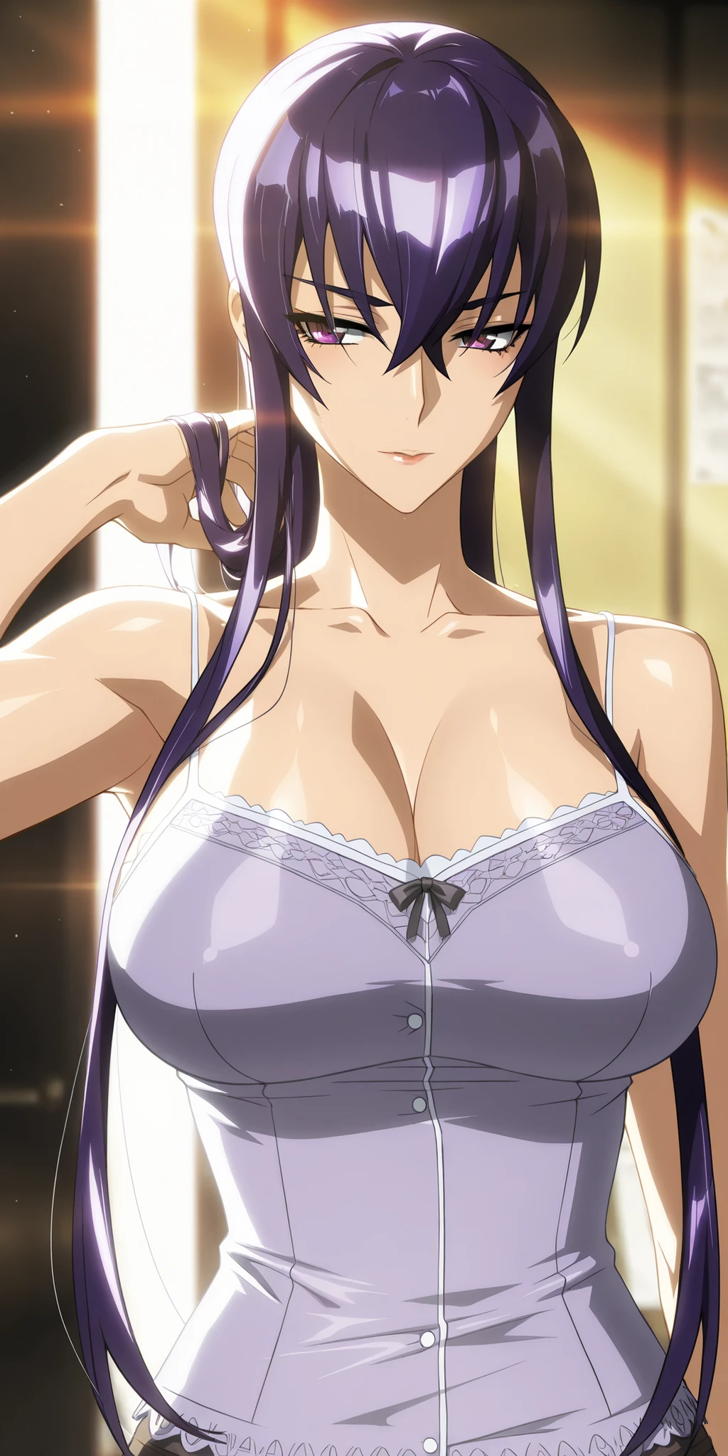 masterpiece, best quality, mature woman, milf, purple hair, Saeko Busujima (Highschool Of The Dead), camisole, honkai: star rail cg style, upper body, dynamic lighting