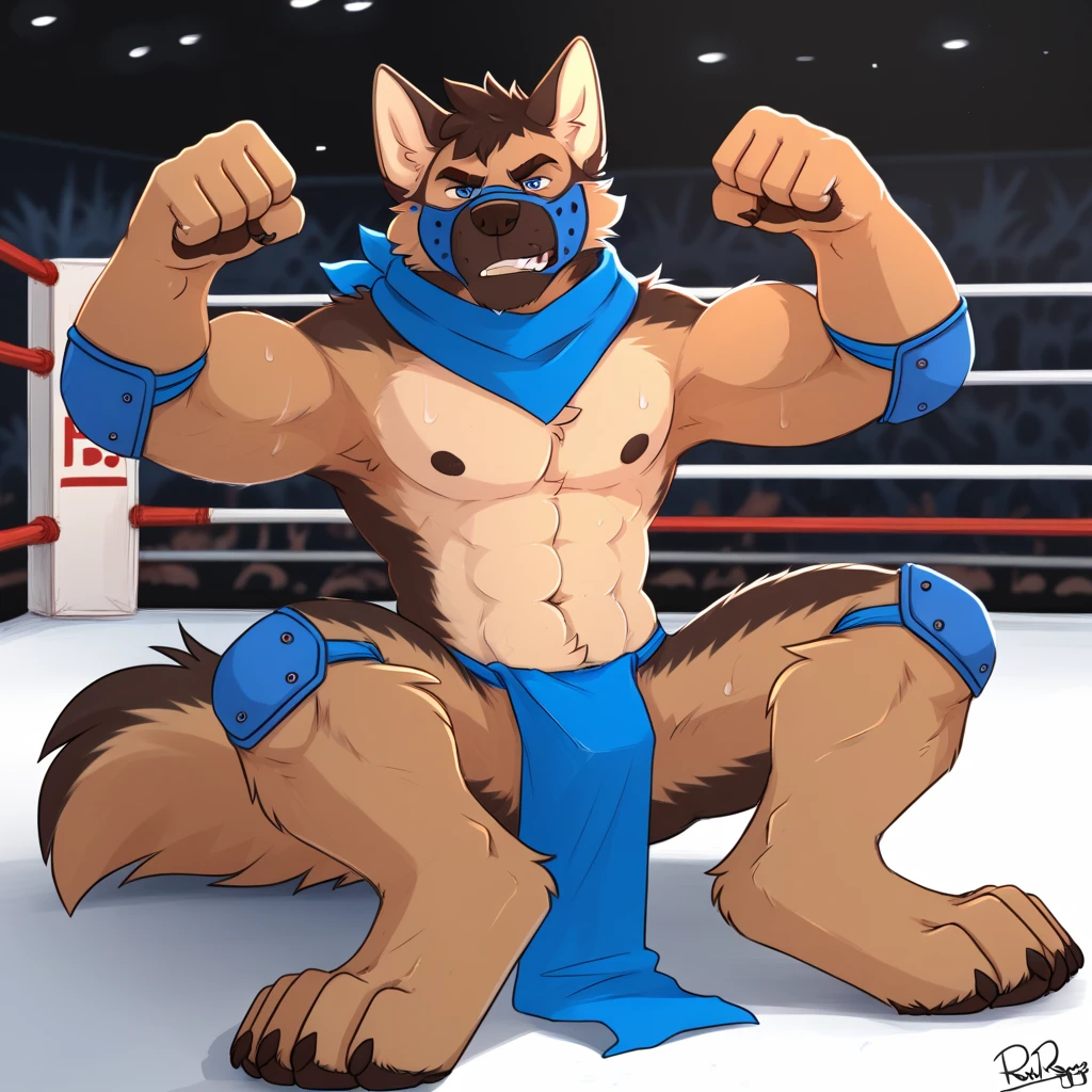 glistening, glistening body, shiny, glistening fur, mammal, canine, canid, canis, wolf, solo, anthro, male, nipples, navel, athletic, abs, pecs, (wrestler, wrestler outfit, wrestler gloves, wrestler boots, (wrestler mask)), standing, flexing, smile, confident, dominant, mane, beard, old, aged up, mature, mature male, full body, bulge, black eyes, looking at viewer, hi res, by pache riggs, by takemoto arashi, by vallhund, anime, anime style, digital flat colors, sharp shadows, shaded, male focus, extreme detailed illustration, good anatomy, detailed RPG CG, masterpiece, best quality, detailed background,