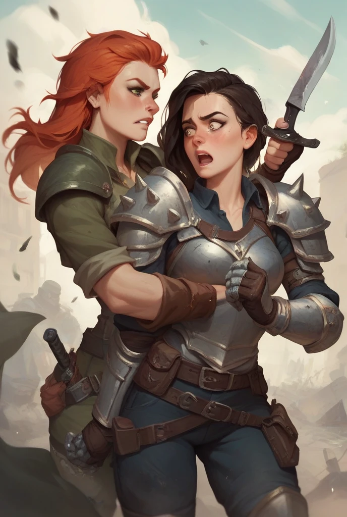 2 female warriors clash swords, serious, staring at each other,art,colour pencil drawing,draft drawing ,comic collage