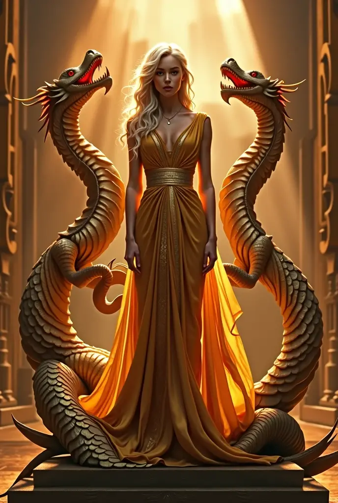 An iconic Emilia Clarke as a Greek Goddess, with long blonde hair and a golden dress, standing atop a throne of dragons, her eyes blazing with the power of the world of fire and blood. iconic Emilia Clarke as a Greek Goddess, with long blonde hair and a golden dress