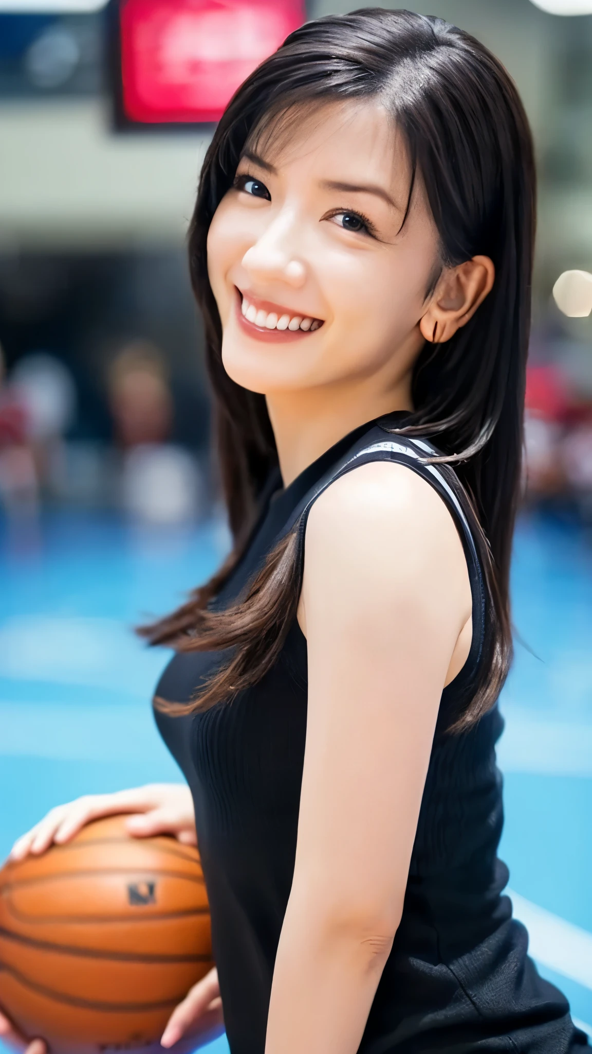 (Highest Quality, masterpiece: 1.1), (realistic: 1.3), in their 40s (((FF7,Tifa_Lockhart))),(solo,Tifa:1.2),( big basketball uniform:1.3) ,(I broke up with my hair in the middle),(The back of the gym :1.2),(sexy pose:1.3),(sweaty on 4 girs:1.2),super detailed face, detailed eyes,Red Eyes, in their 40s (((FF7,Tifa_Lockhart))),( black brown hair , big breasts: 1.0), in their 40s (About 18 years old), cute,happy smile:1.1