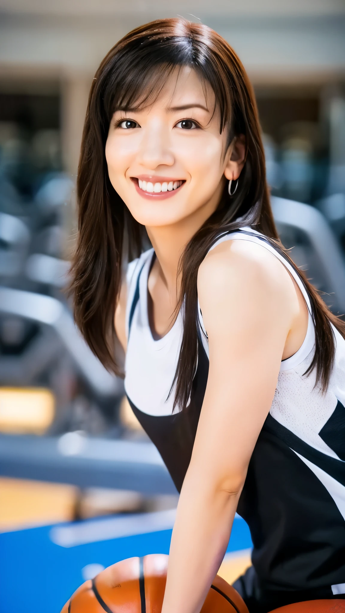 (Highest Quality, masterpiece: 1.1), (realistic: 1.3), in their 40s (((FF7,Tifa_Lockhart))),(solo,Tifa:1.2),( big basketball uniform:1.3) ,(I broke up with my hair in the middle),(The back of the gym :1.2),(sexy pose:1.3),(sweaty on 4 girs:1.2),super detailed face, detailed eyes,Red Eyes, in their 40s (((FF7,Tifa_Lockhart))),( black brown hair , big breasts: 1.0), in their 40s (About 18 years old), cute,happy smile:1.1