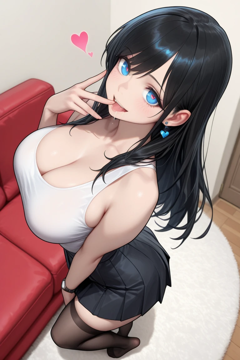 full body shot, thick hair, crystal blue eyes, open mouth smile, aroused 25 years old, playfully aroused, dripping with desire, busty cleavage, low cut spaghetti strap tank top , shorts, slim waist, standing stretching, coy smile with open parted lips, (blushing:1.3), looking invitingly at the viewer, seductive eyes, facing the viewer, livingroom background, posing by the sofa, (pov), glowing eyes, necklace, earrings, nsfw,