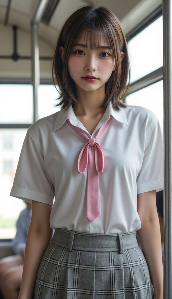 18 year old japanese girl, standing pose, looking straight at the camara, smiling, standing on a clear blue beach (top quality: 1.4),(masterpiece: 1.3),(Sharp focus:1.2), (Photorealsitic:1.4),(Short shiny black hair, wearing piercings, in perfect style:1.4),(Double eyelid eyes, gentle sharp eyes, wearing glasses, white round glasses looks like a student:1.2 ), Shining face, full body photo, (white skin, pink lips: 1.3), short sleeve silk shirt, big bust, closed top, school uniform skirt, 4k photo