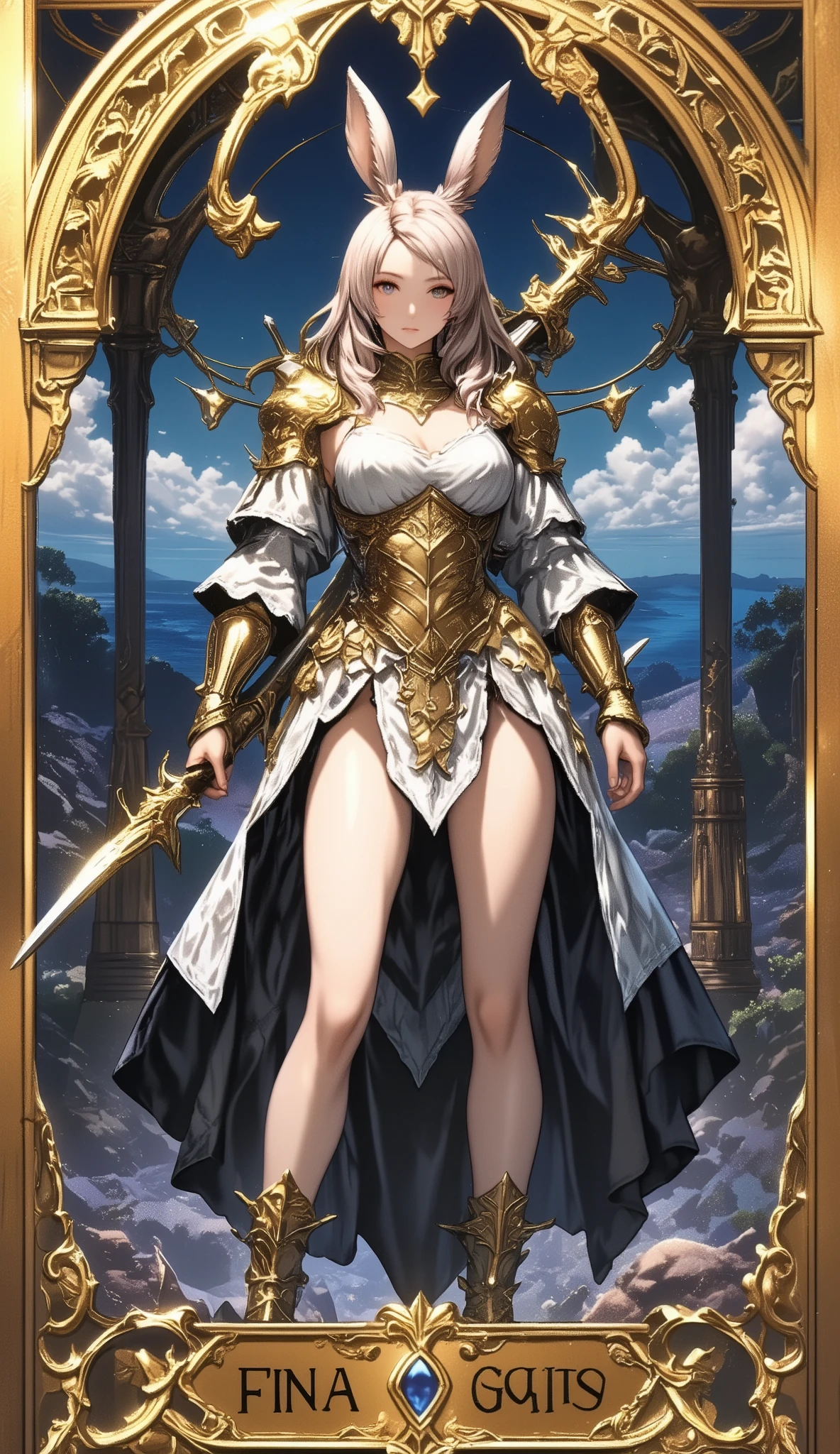 (傑作, 最高品質:1.2), Rare card awakening waiting, choose from holograms and limited illustrations, collector's edition, beautiful Viera warrior, warrior of light, Final Fantasy style,