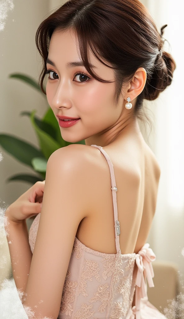 ((Highest quality, 8k, masterpiece: 1.3)), sharp: 1.2, Perfect Body Beauty: 1.6, ((Layered Hairstyles, Big Breasts: 2.5)), (Golden lace dress: 2.0, Off-the-shoulder dress: 2.0, Bold breast exposure: 2.0), (Boldly exposed cleavage: 2.0), ((long hair: 2.0)), ((necklace)), Earrings, ring, Bracelet, Hair Accessories, ((Beautiful young teenager woman)), ((Straight nose)), (Eyeliner), Armpit Hair, Bristles, ((White and beautiful skin)), Wavy Hair, Beautiful attention to detail, Super detailed, Highly detailed face and skin texture, fine grain, double eyelid, Black Hair, Big Ass, Lower Body, Thighs, (((Skinny))), Wet and shiny lips, smile, Get a grip on your body, ((Anatomically correct human body)), ((Crisp body shape)), Ribs, clavicle, Protruding skeleton, A face without nasolabial folds, Shyness, Thin eyebrows, Big eyes, (shoot from side: 1.0), (Narrow shoulders: 2.0), (Smile: 1.0), Corset-like dress, White skin