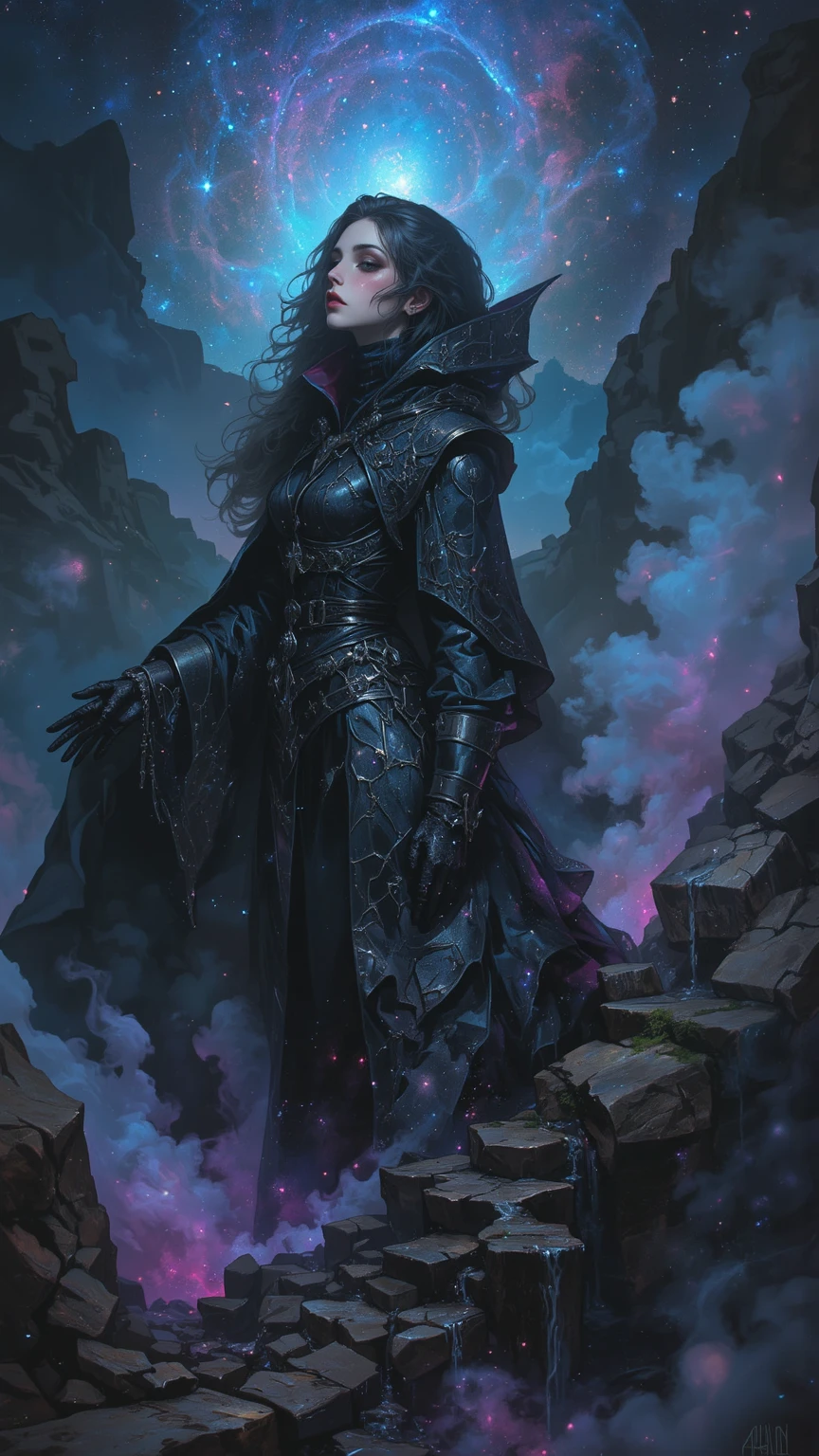 a poster for the dark fantasy movie "Kiera's Rebellion". The poster should feature the main character, Kiera, in the center, with a fierce and determined look on her face. Kiera is a young woman in her early twenties with short, black hair and piercing blue eyes. She is dressed in practical, battle-worn armor (4k texture) with a sword at her side, ready to fight against the dragon overlords. In the background, there should be a silhouette of a dragon in the sky, with a city in flames and a full moon, emphasizing the oppressive rule of the dragons and the danger that Kiera faces. The poster should have a dark and action-packed tone, with a color palette of blacks, blues, and oranges to match Kiera's hair, eyes, and surroundings. The title of the movie should be prominent, in bold, stylized lettering.