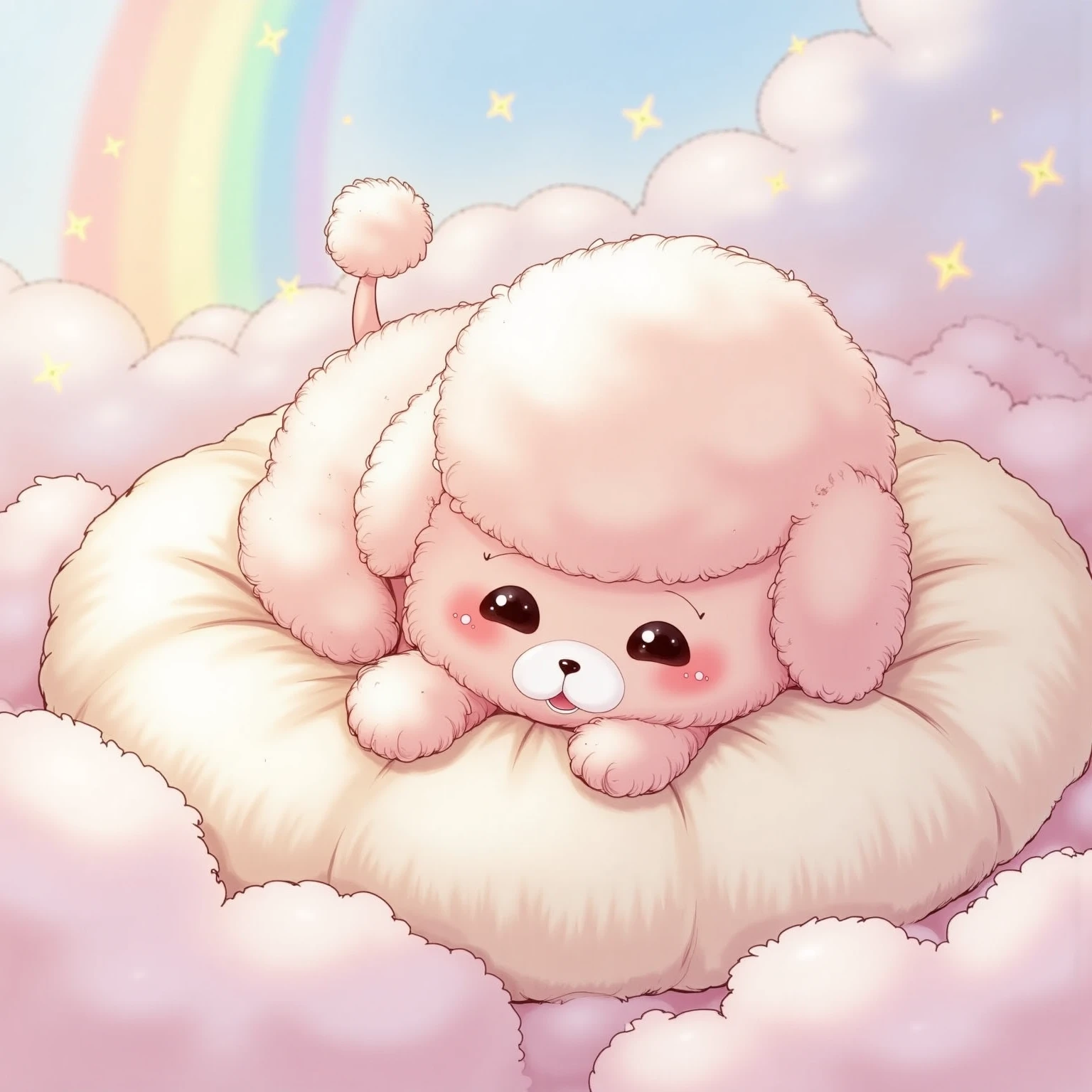 On a fluffy cloud、Toy poodle with fur like cotton candy、Fantasy、メルヘンFantasy、Gentle colors、Rainbow Sparkles、Highest Quality、high image quality、masterpiece