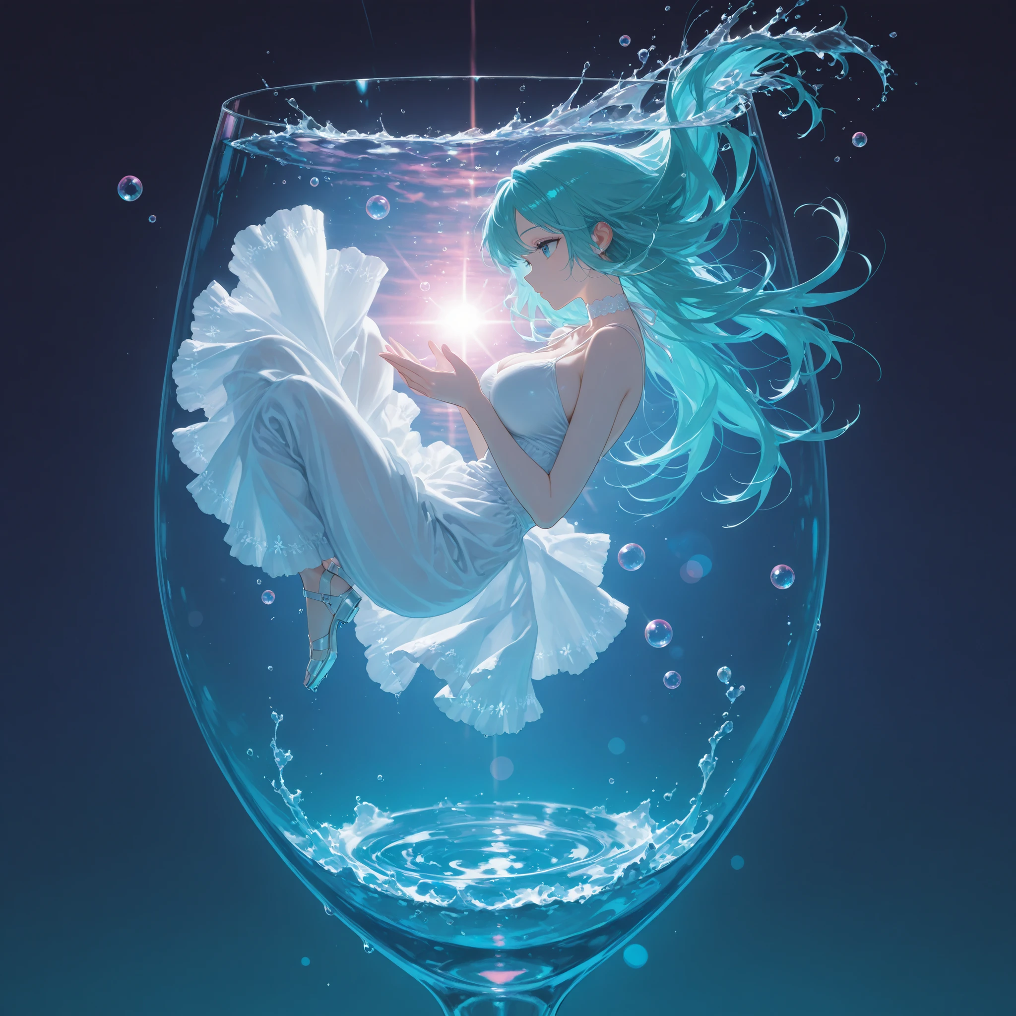 masterpiece, best quality, good quality, PEAnimeBG, Background, anime, scenery, 1girl, solo, aqua hair, large breasts, long hair, white dress, cyber fashion, frutiger aero, frutiger metro, lens flares, bokeh, water, glass, bubbles, frutiger metro, vaporwave, looking at another, zero gravity, from side, floating