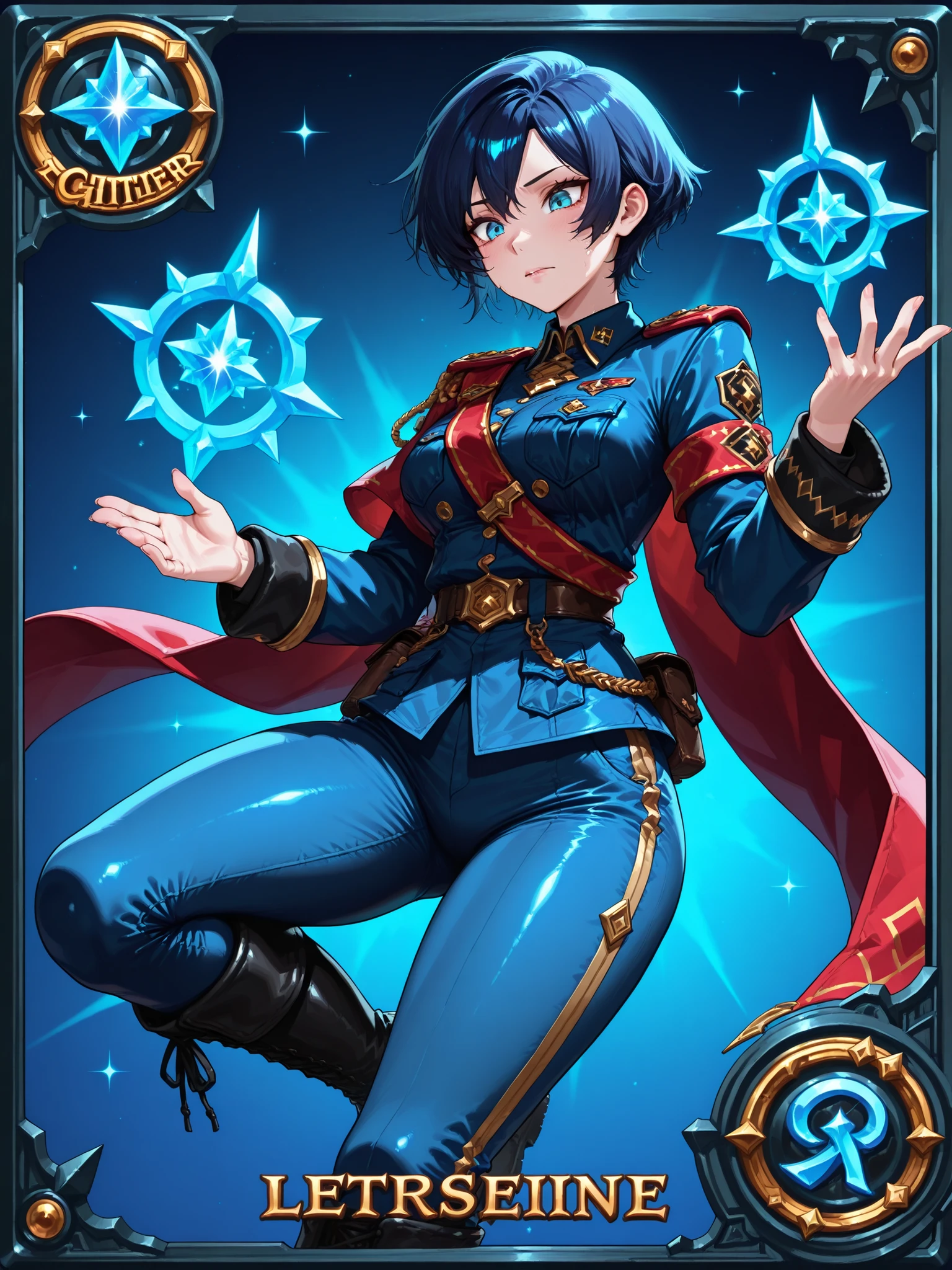 (1girl, military adjutant ,dark blue short hair, blue military uniform,long pants ,Flat-soled military boots), hearthstone_ccard, glitter processing