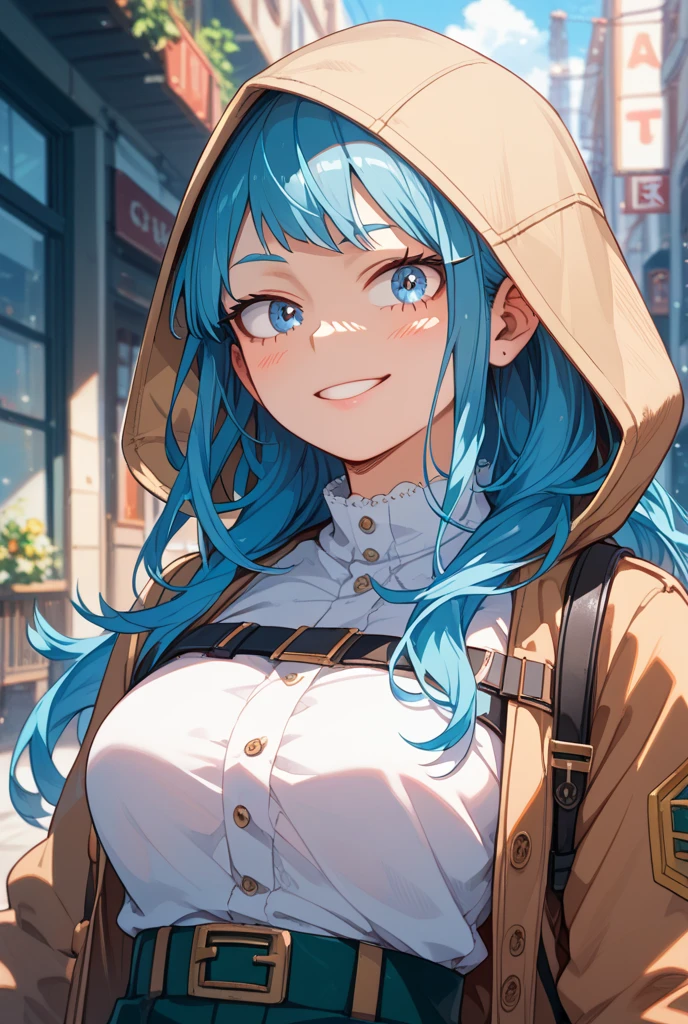 Masterpiece, high res, beautiful art, professional artist, 8k, art style by sciamano240, very detailed face, very detailed hair, 1girl, perfectly drawn body, beautiful face, long hair, light blue hair , very detailed blue vertical cat eyes, pouty lips , rosey cheeks, intricate details in eyes, extreme close up of face, staring directly at viewer, wearing elegant fall clothes, leather jacket, scarf, mini skirt, tigh boots, jewellery, some freckles, wedding ring, big wide smile, happy expression, sunny fall setting, walking outside in the city with the viewer,