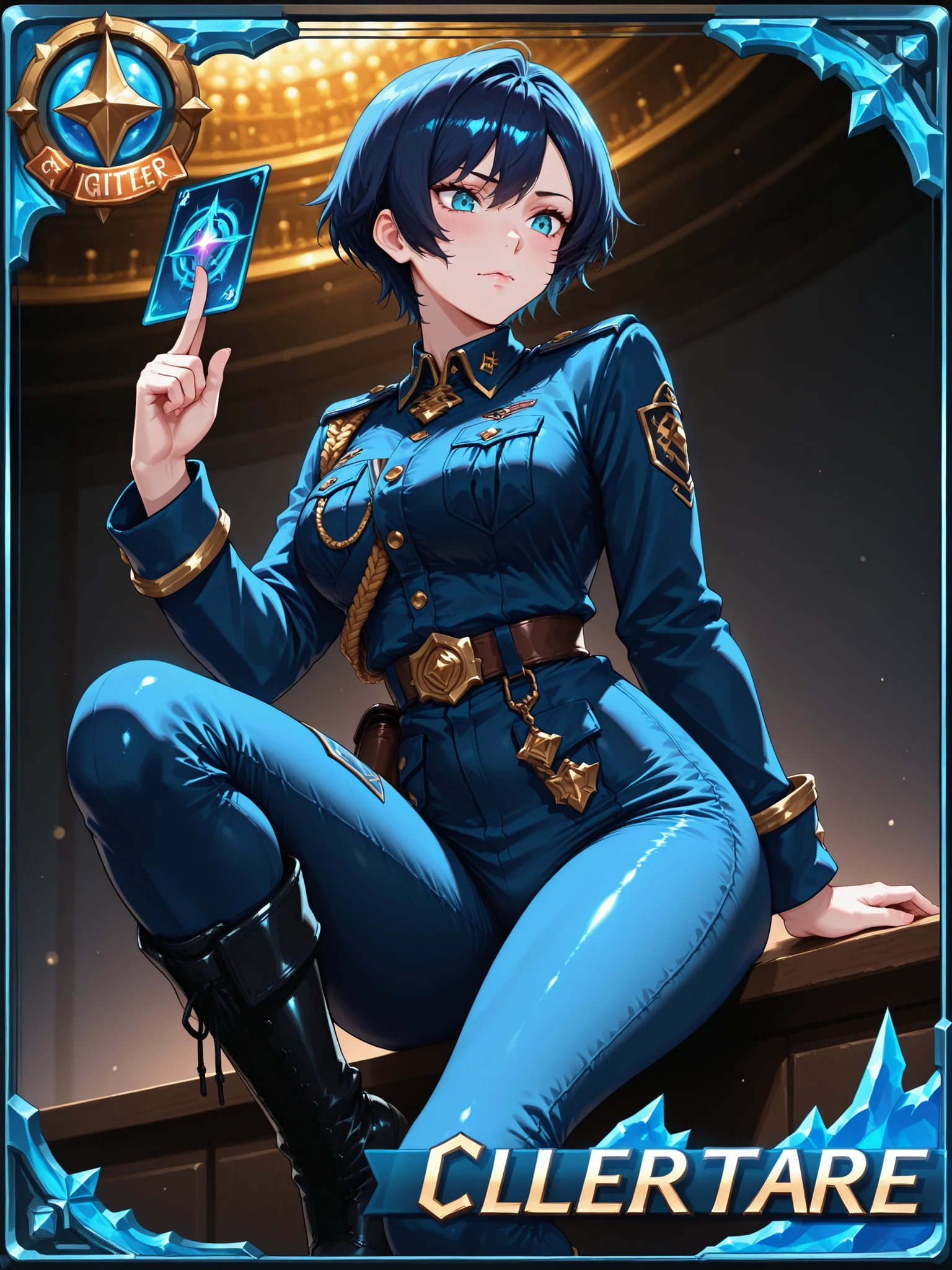 (1girl, military adjutant ,dark blue short hair, blue military uniform,long pants ,Flat-soled military boots), hearthstone_ccard, glitter processing