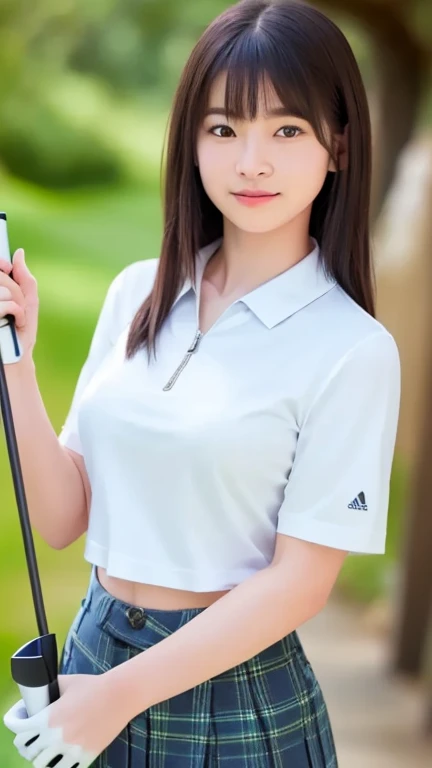 1girl, 14 years old, (Highest quality,Ultra detailed face,,Detailed skin,Golf Swing),8K,(Medium bust:1.2),Golf course,(Thin, see-through golf wear:1.2),pretty girl, mini skirt,