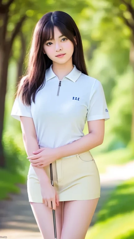 absurdrez, work of art, best qualityer, realisitic, 超detailded, (shining skin, sweaty:1.4), 苗条, gazing at viewer, 1 girl, standing alone, tennis wear, white polo shirt, White sneakers, white miniskirt, long hair, silver hair, blue colored eyes, (thick-thighs:1.0), dynamic lighting, high resolution, sharp focus, Depth of field, breasts small