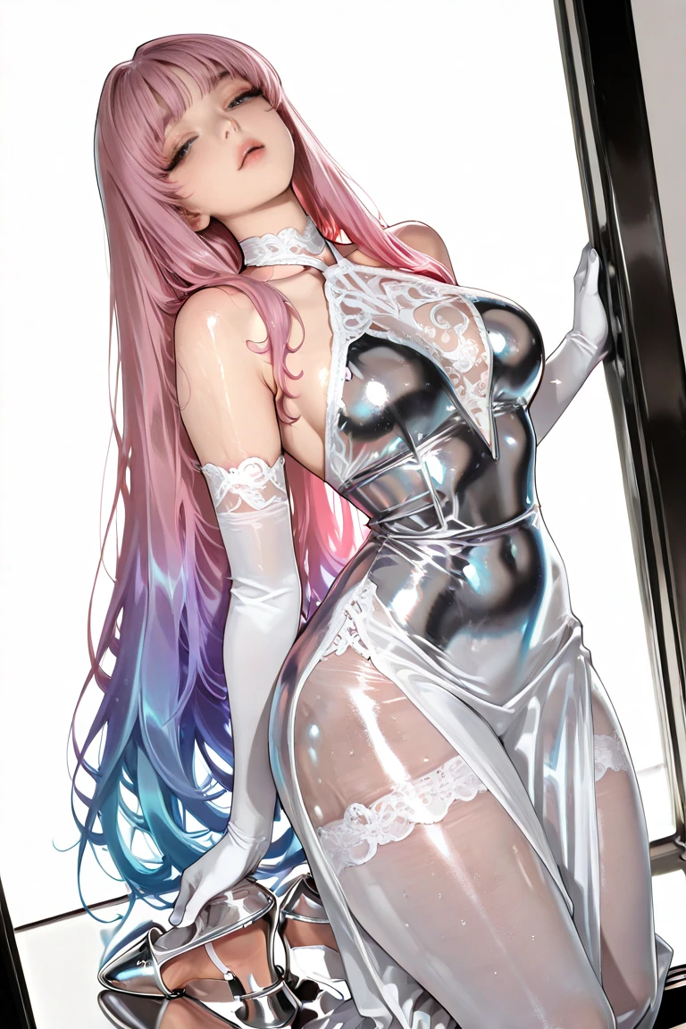 (Spectral glow:1.3),(masterpiece, best quality, 8k wallpaper, adopted, exquisite details, reflection),(soft lighting, studio shot, simple background, white background, dynamic angle, bokeh background, rating_explicit,),(1 girl, solo, long hair, bangs, white and pink gradient hair, blue eyes, half-closed eyes, orgasmic face, medium breasts, wide hips, big thighs, slightly parted lips, oiled skin),(wearing glass dress and glass slippers, prismatic long dress, highly detailed, halter neck, exposed shoulders, white lace elbow gloves and tights, dress illuminated by light, prismatic iris glow, spectral glow:1.3),