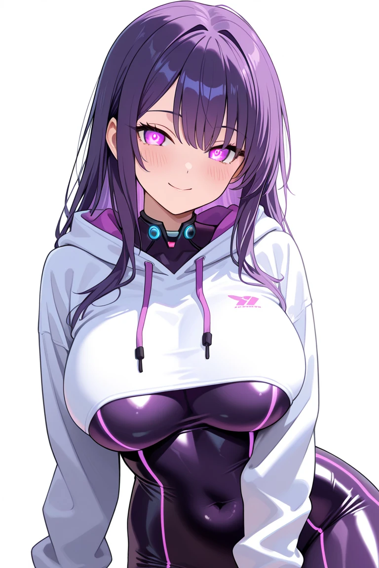 beautiful Dark-skinned woman, Tall, curvy, wide hips, thick thighs, with purple short hair, beautiful Blue eyes, large breasts, solo, Colorblock knit hoodie that is pink, Walking with hands clasped behind back, indoors, upper body shot, <lora:ç¼çå:0.7>, <lyco:GoodHands-beta2:0.7>, envious expression