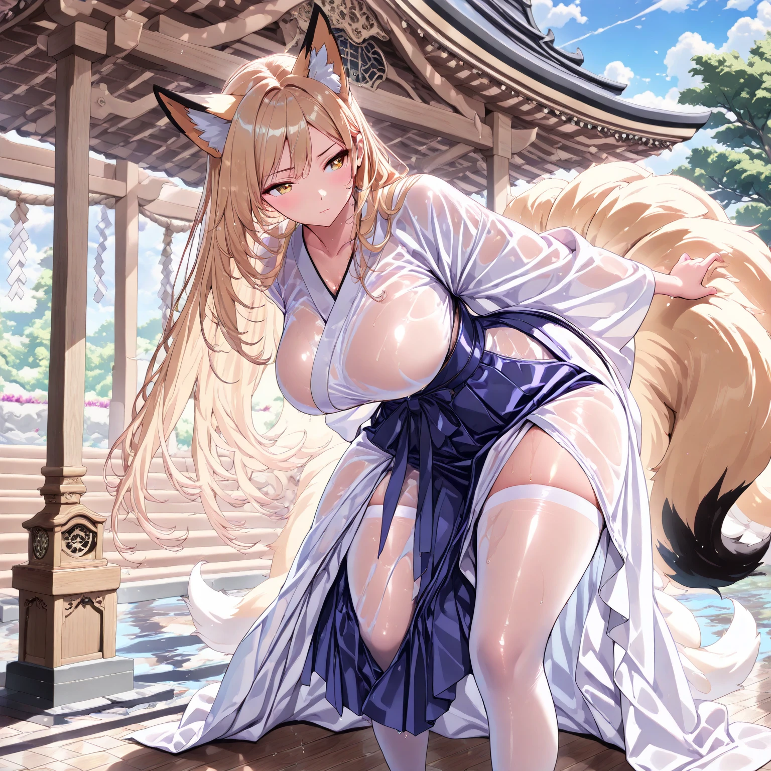 Fox spirit,1girl,hanfu,<lora:add_detail:0.5>,<lora:Nightmar_20230623165724:0.5>,tushansusu,alfresco,Cloudy sky,Complex background,masterpiece,Walk in the water,cry,Hands under the skirt,Bare breast,charm,Orgasm expression,Lying on the grass,Dynamic action,, masterpiece, best quality,