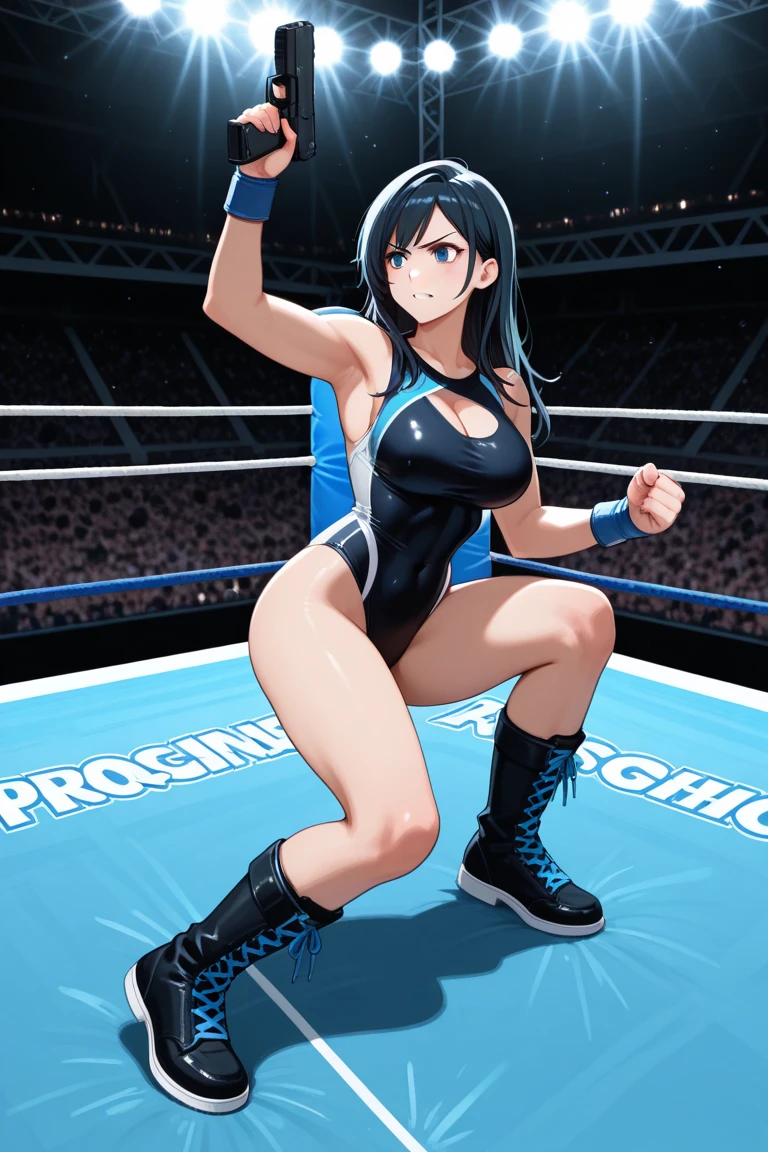 (best quality:1.5, highres, UHD, 4K, detailed lighting, shaders), wavy hair, busty, high cut monokini, cleavage, (full body shot), standing, pro wrestling background, sexy, erotic, lewd, seductive,wearing sporty boots,well muscle,huge saggy tit,distress face,sweating,white monokini