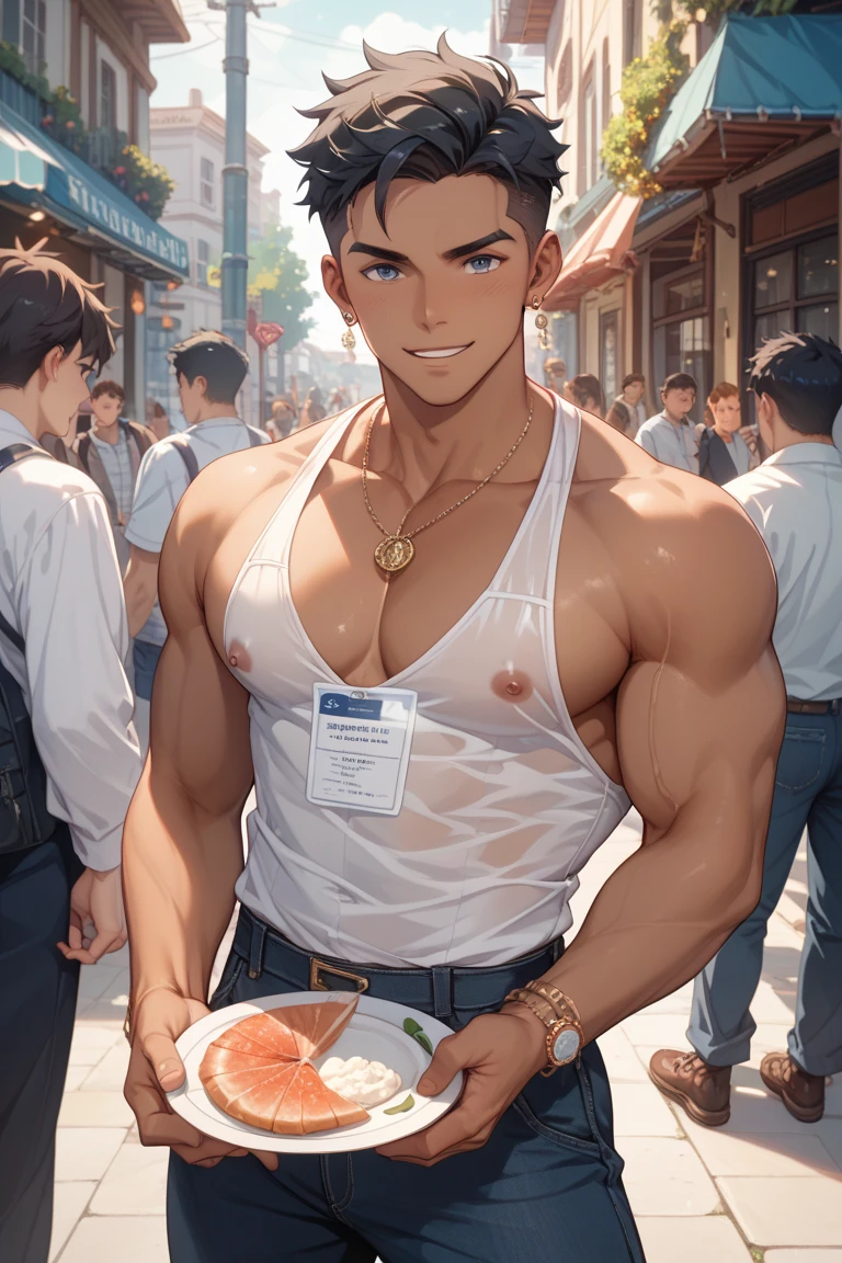 Blond hair man, happy and friendly face, He has a big and strong body., light skin color, shows off his strong torso with his huge pecs, He is a merchant at a fruit stall in a castle market.. The scene is bright.