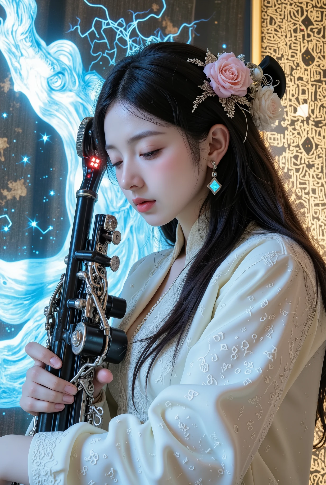 Dunhuang Cyber Flying Sky
8K ultra-high-definition image quality,The picture shows a delicate silky texture。These patterns are drawn from glowing electric lines,Her streamer is composed of flowing holographic data streams,The color shows a pink purple gradient unique to Cyber。with glowing diamond-shaped chips on the forehead,Instead of traditional flower lanterns。
Her pipa is transformed into a mechanical weapon,strings are composed of energy light bands,The piano body is covered with precise gears and flashing indicators。The main visual of the card is dressed in a Dunhuang Flying Sky costume Cyborg Girl,In the projection, you can see remnants of a pixelated flying sky mural。
The base color of the card uses a gilt liquid metal texture,adorning the nine-colored deer pattern of Mogao Caves,These patterns are outlined by glowing electric lines。with a neon band in the shape of a cybervine,The light strip is constantly flashing with mysterious runes。is suspended behind a broken star track and a holographic projection in Dunhuang's Maojing style {x} The overall picture creates a fantastic atmosphere where ancient civilizations collide violently with future technology。