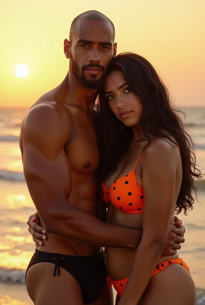 homme brun grand et musclé en short. he is with a brunette woman with a tanned complexion who is beautiful. Il sont sur une plage paradisiaque seuls