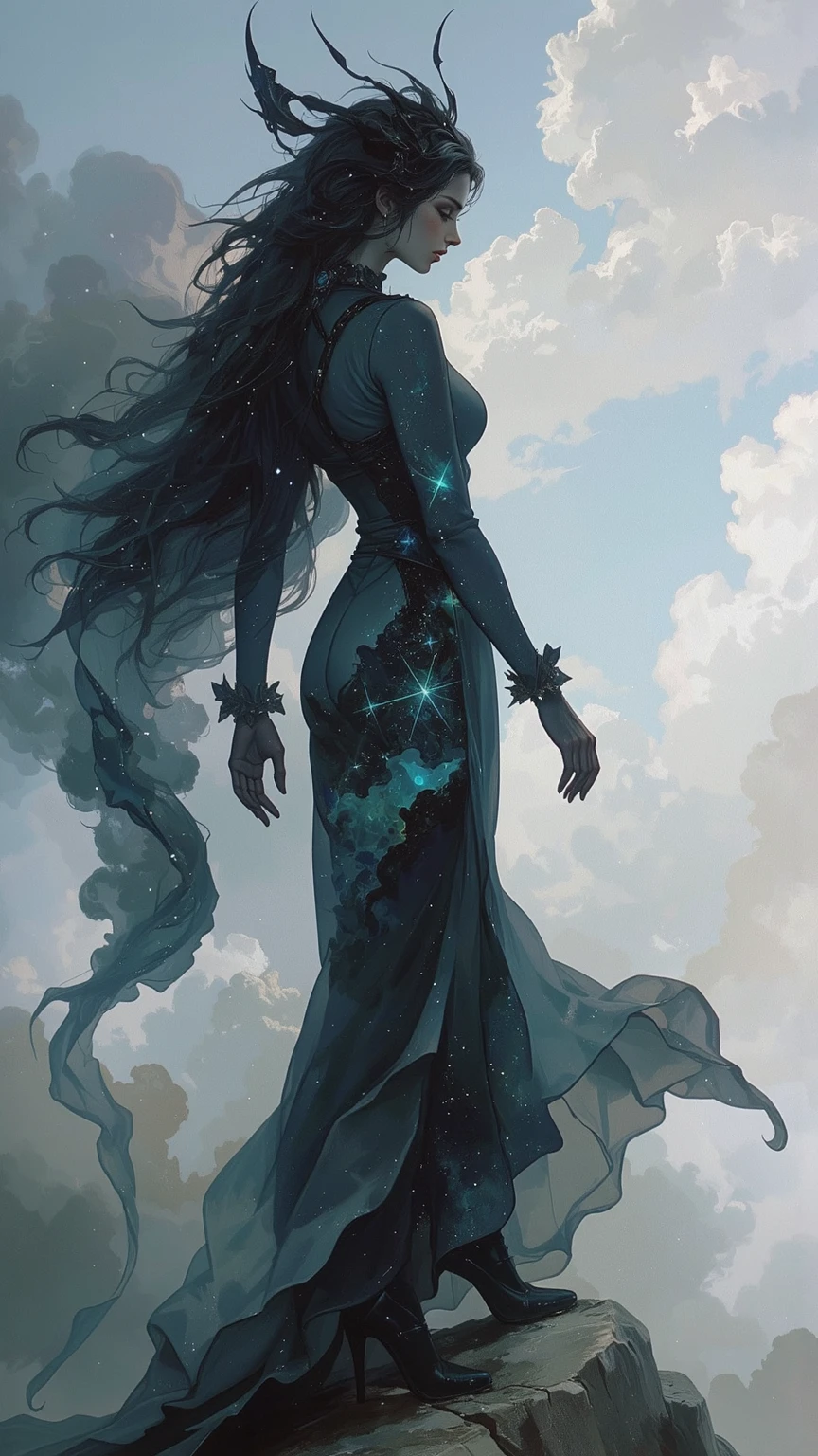 A dark woman with long curly hair emerges her burning figure in an environment of absolute infinite cosmos, her tears are stars