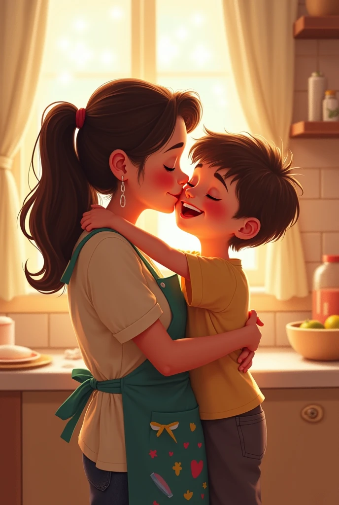 score_9, score_8_up, score_7_up, source_anime, 1boy, 1girl, mature female, mother and son, ???, hug, kiss, on a kitchen table,