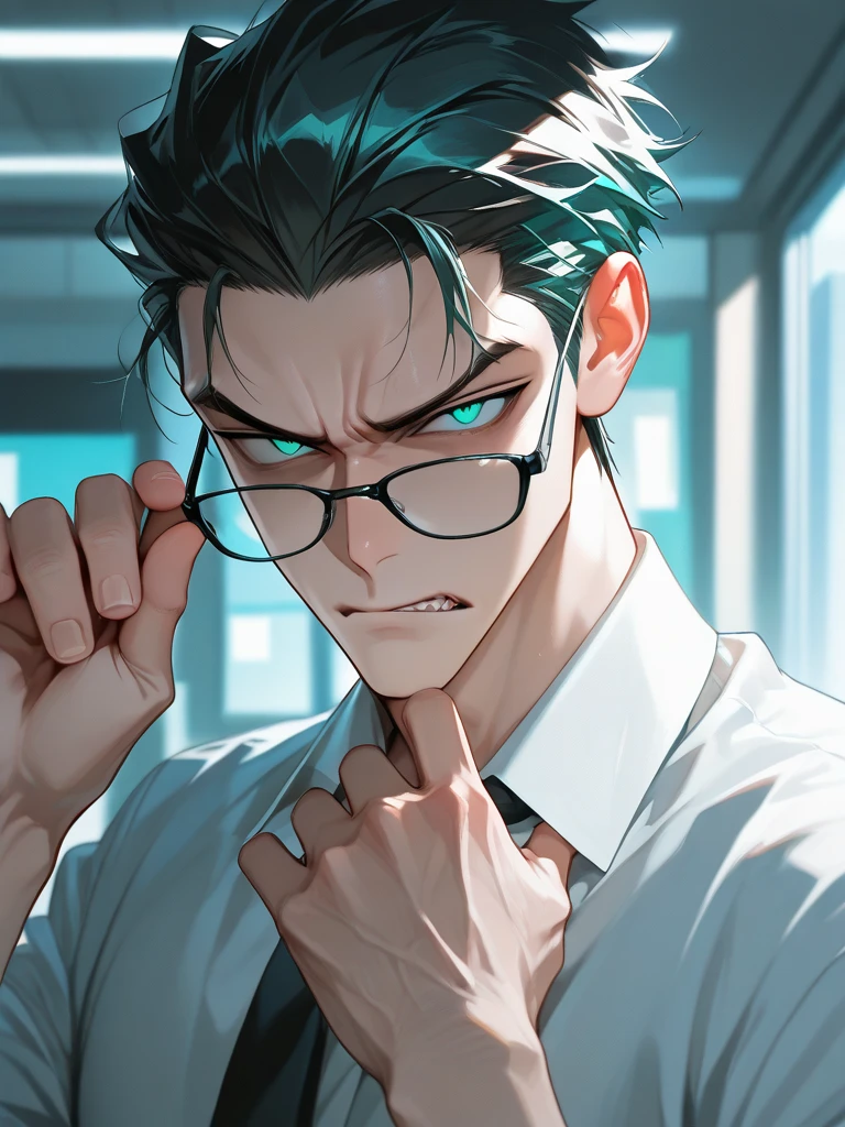 Best quality, masterpiece, handsome muscular man, wearing labcoat and nerdy glasses, grpped by frankenstein monster