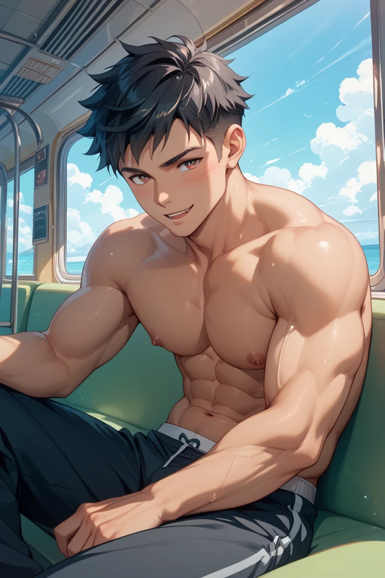 shirtless handsome manly short black hair caucasian male in tattered jeans and sneakers, shirtless, sweating profusely, drenched with sweat, exhausted, panting, inside the bus, bus crowded with passengers, crowded with people