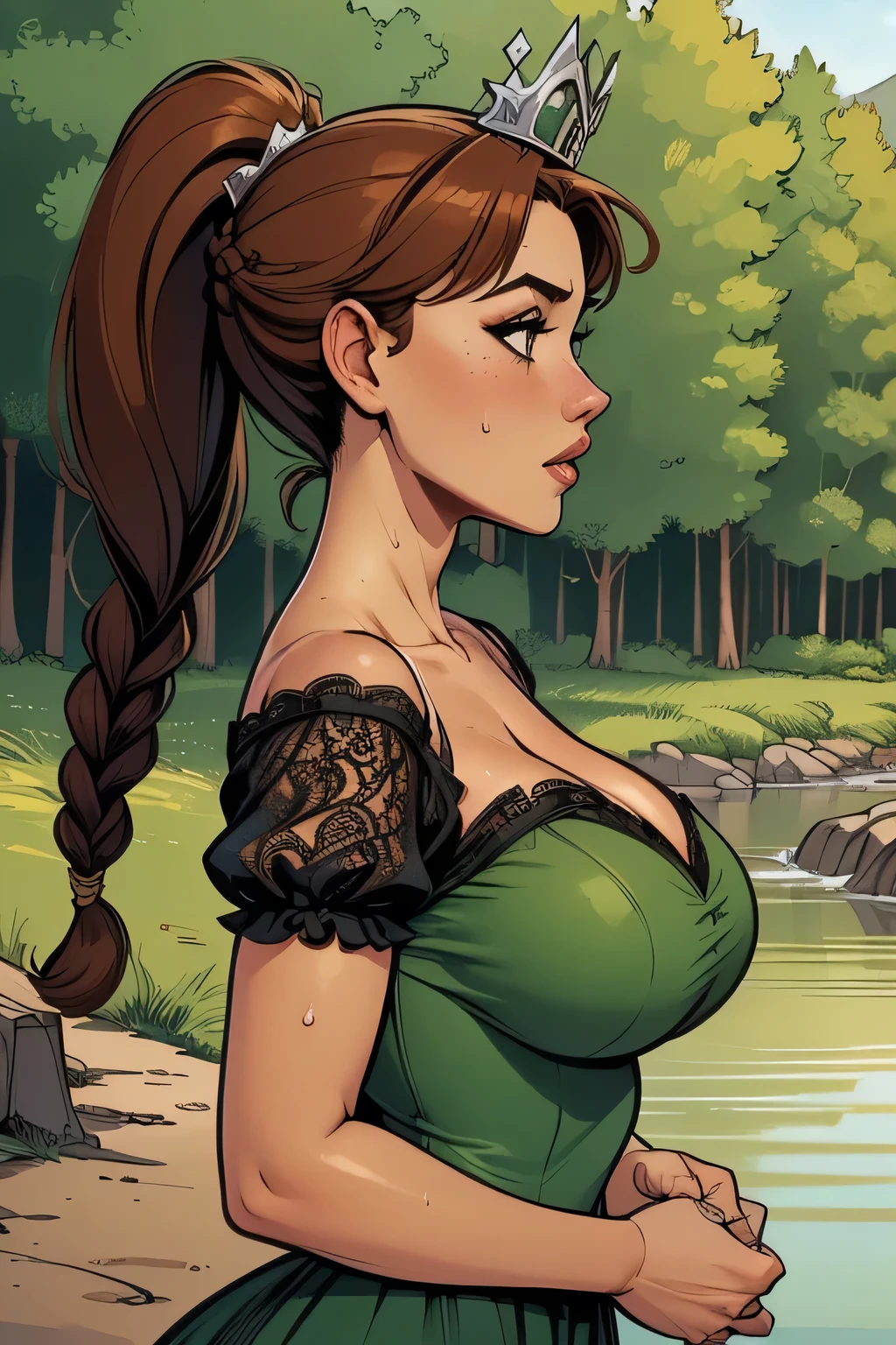 ( Absurdo, hd , Ultra detailed, be careful with your hand ) Close-up view of a thin and athletic woman, 25 anos, 8k (( high definition )), sighing look, look seductive, green eyes, wearing a long dark green high-waisted dress (( with lacy V-necklines, tiara, puffy short sleeves )), thin waist, arms at the sides of the body, pele morena, brown hair (( longo, with fringes and with braided ponytail )), She is out in the woods (( upper body, side view )), with freckles on the neck and breasts , (( medium breasts, sweaty and round, suaves )), (( Well defined collarbone)). Marvel style (( hq )), dense forest and river in the background.