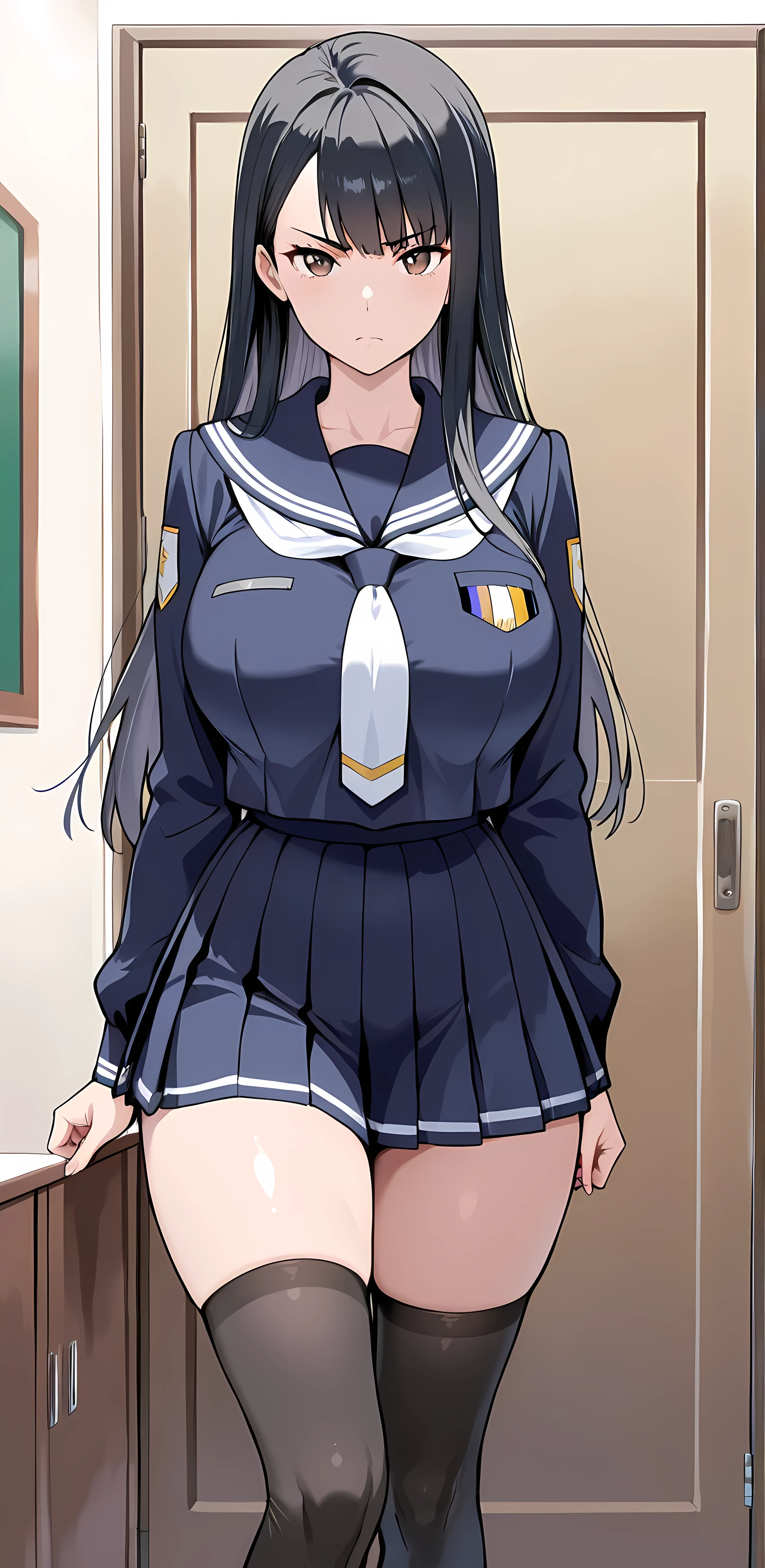 masterpiece,high resolution,Highest Quality,8k,((Highest Qualityを提供する)), (masterpiece)), (details: 1.4), high resolution, (masterpiece: 1.4), 超details, 1 beautiful girl,black hair, brown eyes in the bedroom、NAVY skirt, pleated skirt, school uniform, serafuku, Dark blue uniform,Winter clothes,black knee-high socks, student council president , Apprenticeship room ,Big Breasts,Thighs、I'm wearing a good quality,Serious