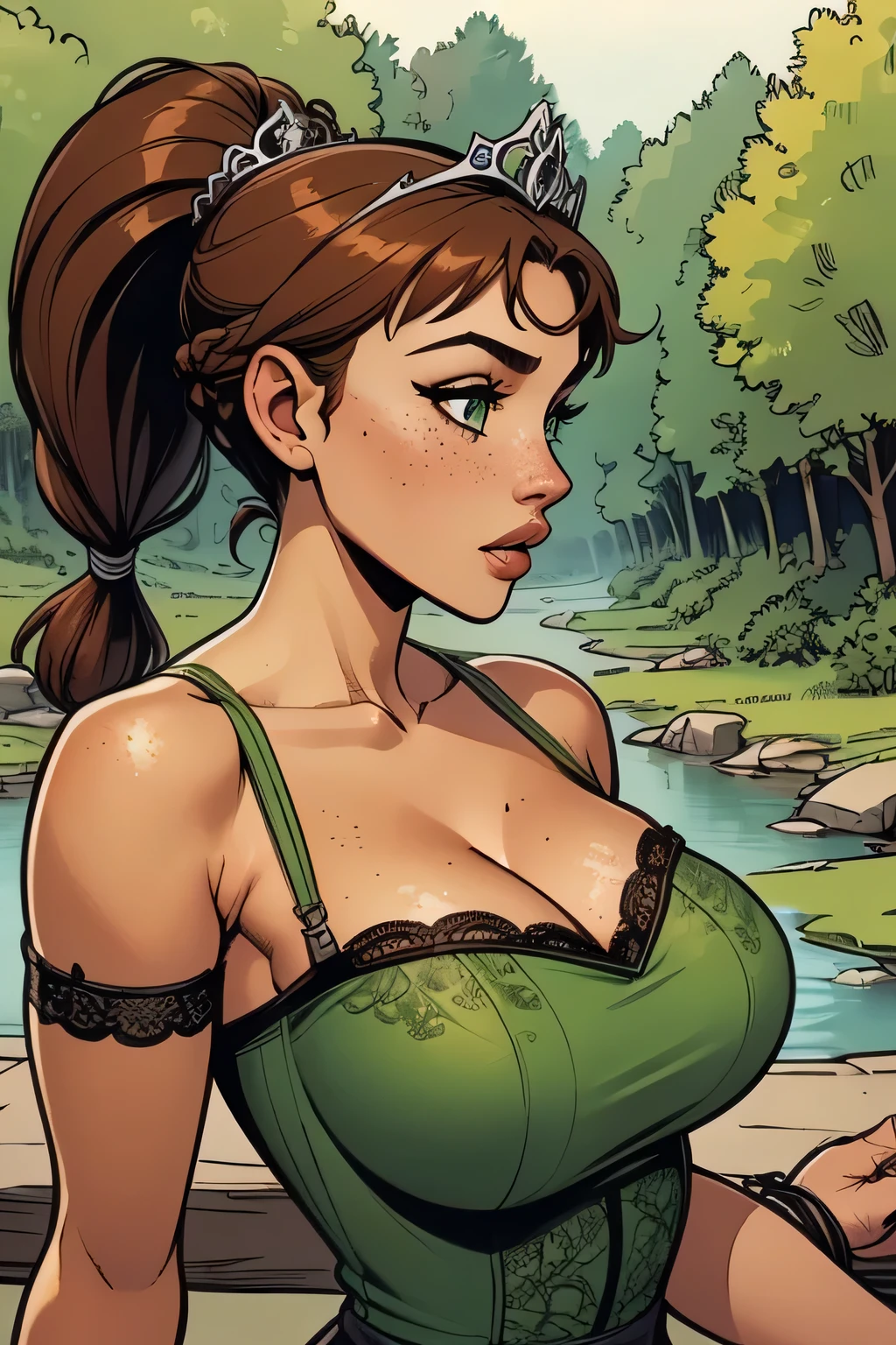 ( Absurdo, hd , Ultra detailed, be careful with your hand ) Close-up view of a thin and athletic woman, 25 anos, 8k (( high definition )), sighing look, look seductive, green eyes, wearing a long dark green high-waisted dress (( with lacy V-necklines, tiara, puffy short sleeves )), thin waist, arms at the sides of the body, pele morena, brown hair (( longo, with fringes and with braided ponytail )), She is out in the woods (( upper body, side view )), with freckles on the neck and breasts , (( medium and round breasts, suaves )), (( Well defined collarbone)). Marvel style (( hq )), dense forest and river in the background.