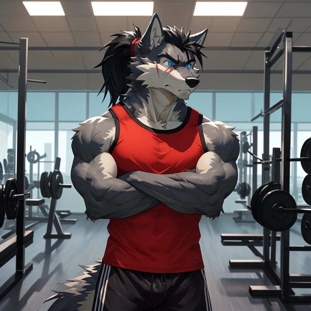 Masterpiece, Cool Pose, working out, Furry black Wolf, Strong Body, Blue Eyes, wearing Nike Tank Top, Fierce, Good looking, in gym, working out, sweating, wearing Nike shorts, good lighting, afternoon glow, clear eyes
