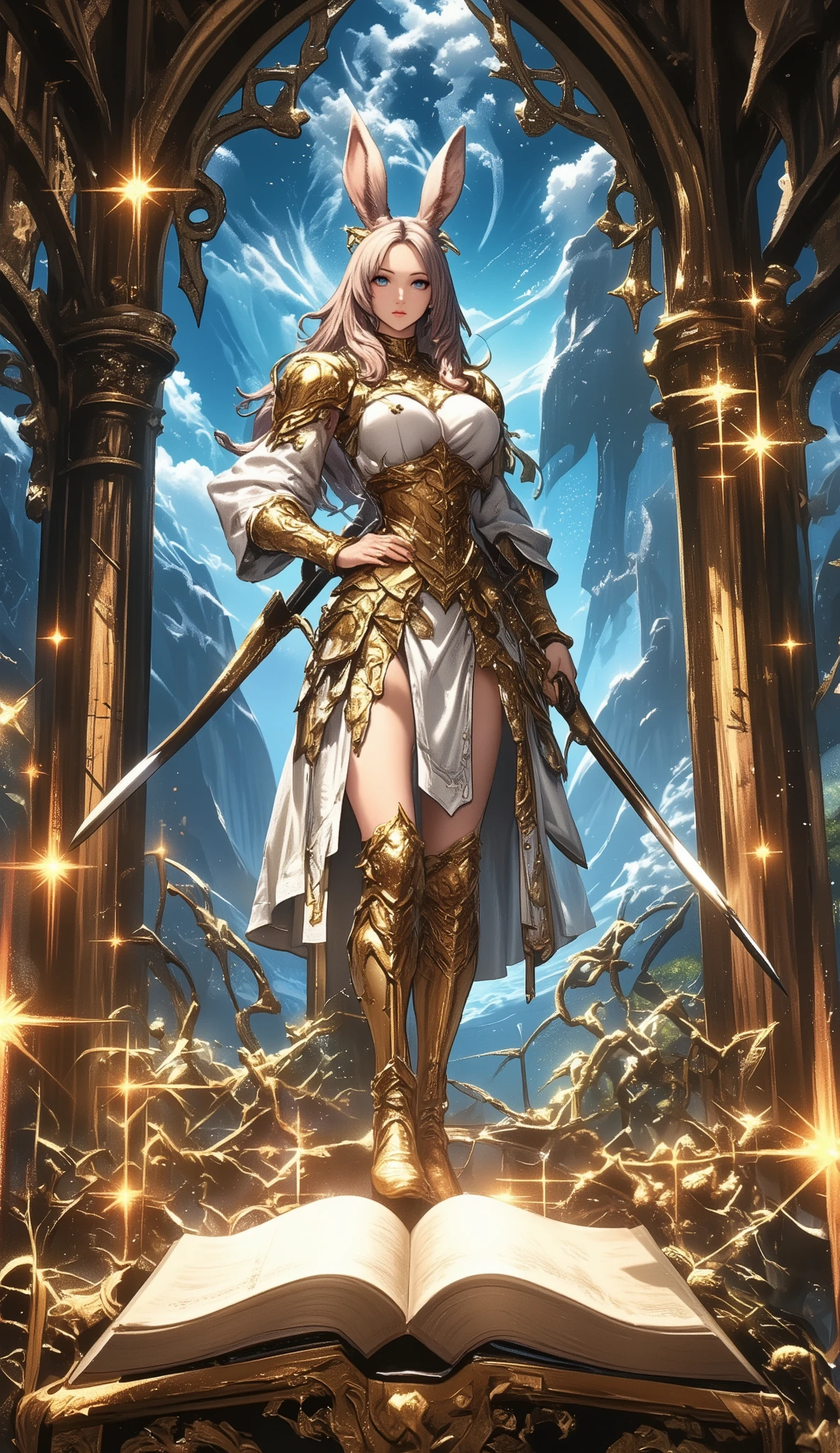 (傑作, 最高品質:1.2), (Game card:1.8), Game card, rare card awakening waiting, , ((five golden star mark:1.8)),hologram, limited illustration, collector's edition, golden shining border, beautiful Viera warrior, warrior of light, Final Fantasy style, battle mode, holding Long sword