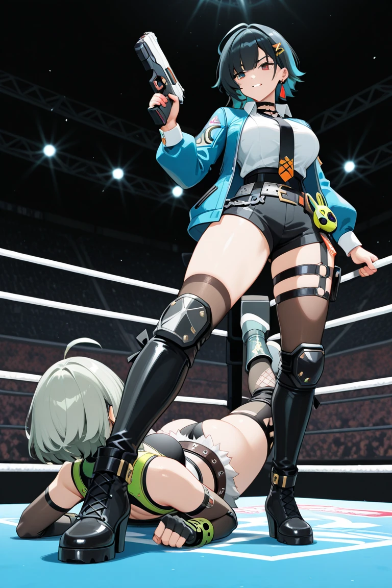 ((masutepiece、Highest quality、High resolution、nffsw、Perfect Pixel、4K、nffsw、nffsw)))、1 person、single、((solo:3.0))、Beauty、Full body view、Cheerleader、((Smooth texture:0.75、Realistic texture:0.65、Realistic:1.1、Anime CG Style))、(1 personのCheerleaderが屋外ステージに膝を着いて足を大きく広げている:2.0)、((Symmetrical eyes:2.0、Brown eyes、Slanted Eyes、Long eyelashes、Beautiful eyelashes、Realistic eyes、make))、 ((Detailed face、blush:2.0、I hate it:1.5、Are crying:1.0、Screaming:1.0))、 (Big breasts and sexy figure:1.2)、 Brown Hair、Shoulder-length hair、((Cheerleader衣装、Wearing a bikini top.0、Wearing a normal length skirt.0))、((View from below the stage:1.5))、((There are a lot of photographers around taking pictures.:1.5))、Focus on panties:1.5、Her skirt is rolled up and her panties are exposed:1.0、(Panties are completely exposed:1.5)、(Wearing wide panties:1.3)、(Wearing cute panties:1.3)、Wearing sneakers、((Large crowd:1.5))、Sunny daytime
