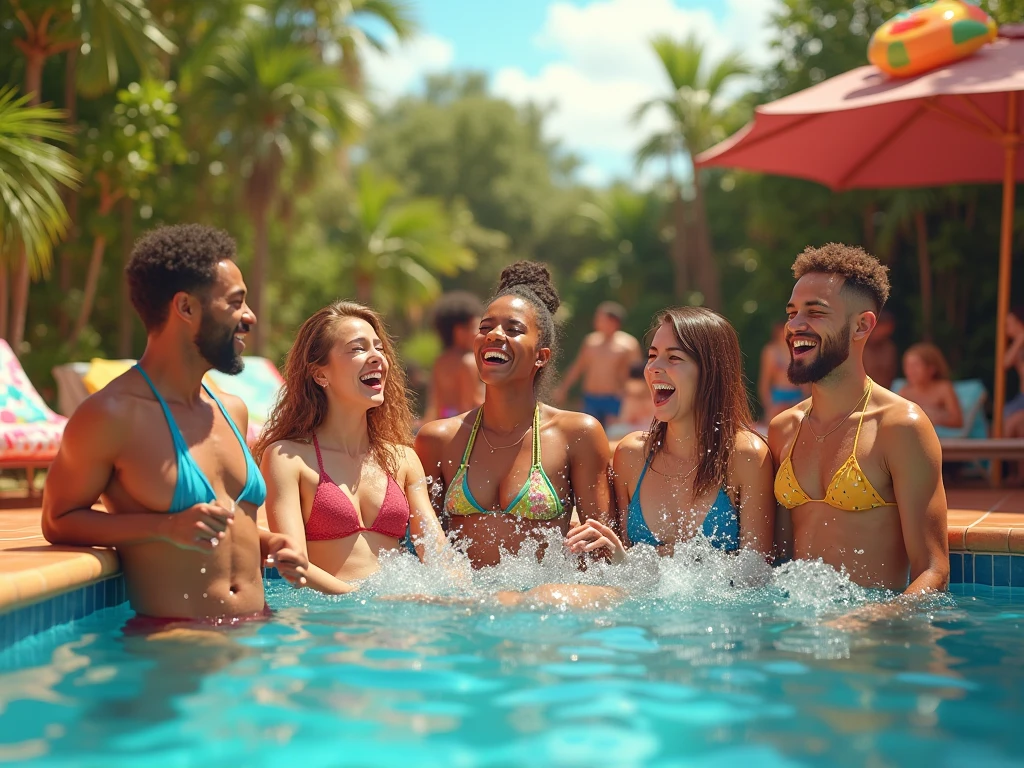 (masterpiece, best quality), beautiful group of men and woman swimming in a pool, polarized sunglasses, pool party, balloons and confetti, cakes everywhere, orange and purple,, bright colors, clean lines, photorealistic