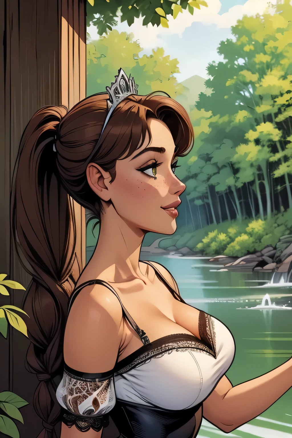 ( Absurdo, hd , Ultra detailed, be careful with your hand ) Close-up view of a thin and athletic woman, 25 anos, 8k (( high definition )), Beautiful Smile, look seductive, green eyes, wearing a long dark green high-waisted dress (( with lacy V-necklines, tiara, puffy short sleeves )), thin waist, arms at the sides of the body, pele morena, brown hair (( longo, with fringes and with braided ponytail )), She is out in the woods (( upper body, side view )), with freckles on the neck and breasts , (( medium and round breasts, suaves )), (( Well defined collarbone)). Marvel style (( hq )), dense forest and river in the background.