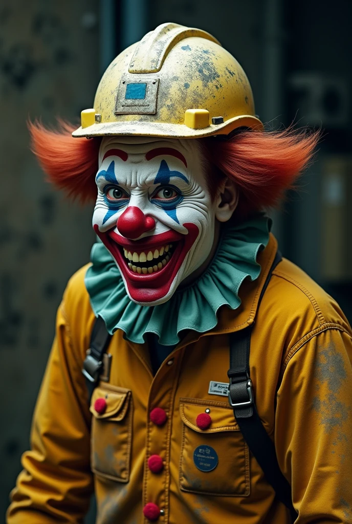 postapocalyptic photography, extreme high angle, a robotic clown in a ruined cityscape, mechanical melancholy, emotionless face, rusted parts, devastated city, broken lighting, overcast dawn, desolation, rust and steel, scattered focus, debris effects, apocalyptic theme, far future, shot on Nikon Z7 II, telephoto lens, 200mm, H.G. Wells style, futurism dystopian, mechanical despair, jagged metal, cracked concrete, isolation, despondency, city of clowns, fragmented vision

