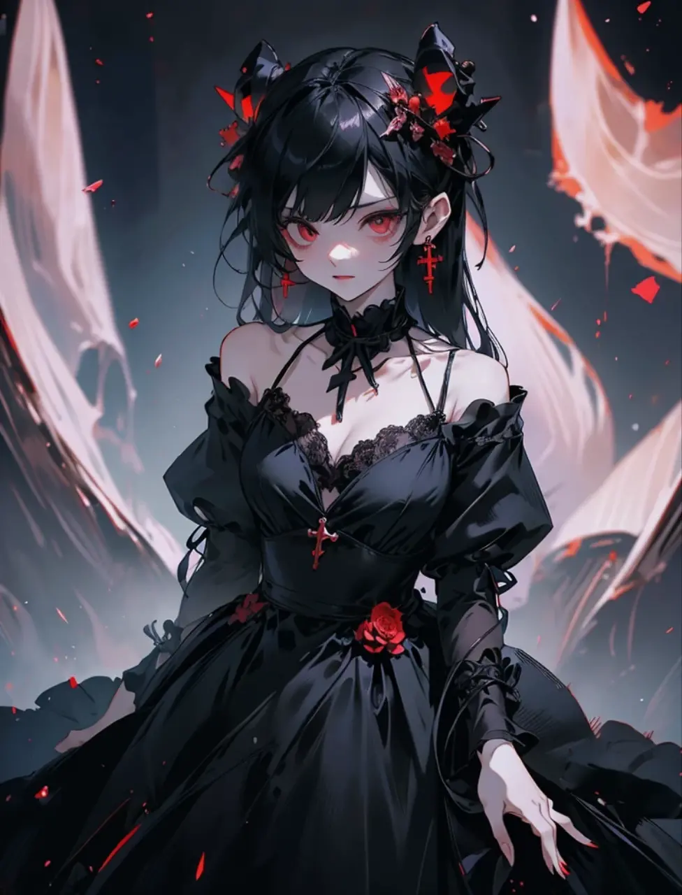 vibrant colors, girl, masterpiece, sharp focus, best quality, depth of field, cinematic lighting, detailed outfit, perfect eyes, red eyes, black hair, very long hair, outdoors, white legwear, bare shoulders, clothes beasts, white and red outfit, white and red theme