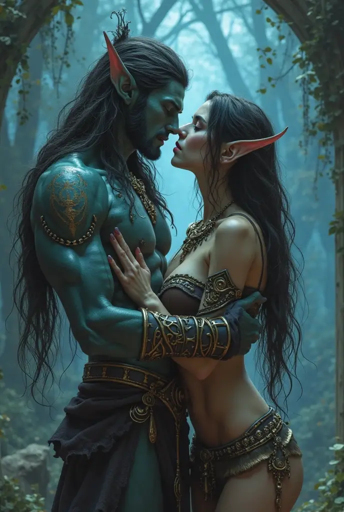 Beautiful elf girl , perfect figure, sexy transparent harem outfit , exposed breast, hugged by mighty warrior from behind