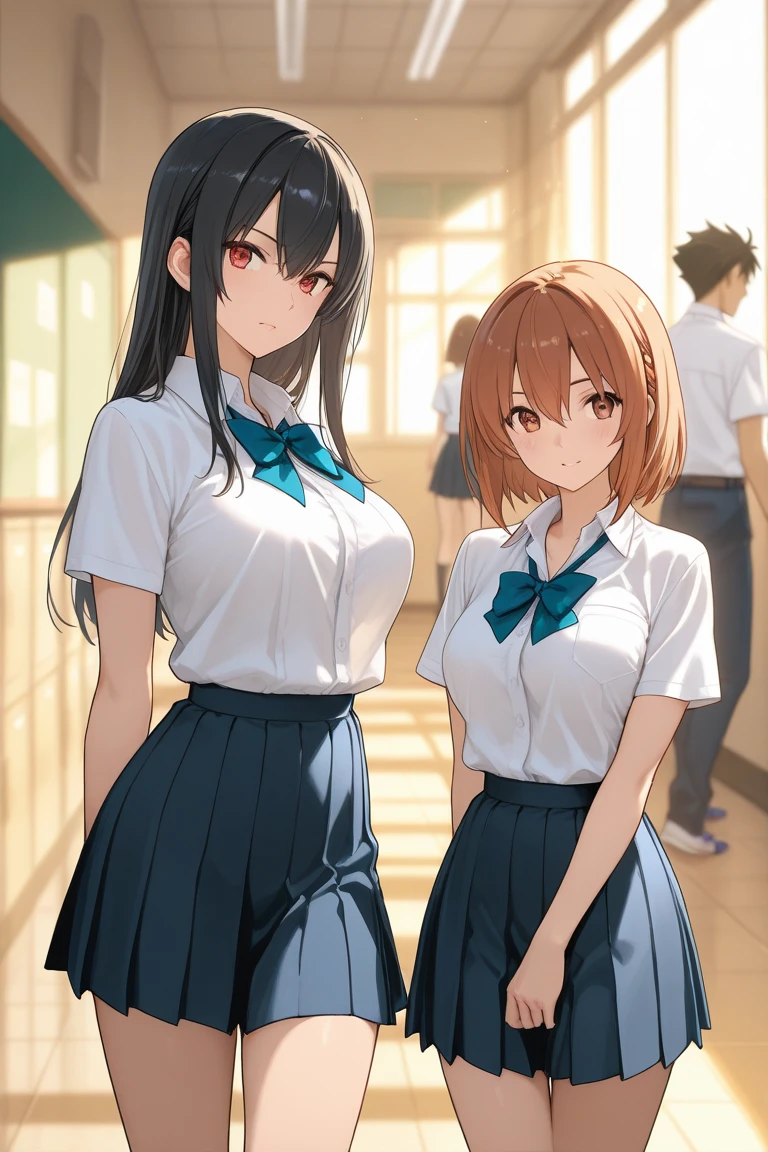 (super flat, flat shading, flat color:1.1), (classroom), 2 girls, tomboy, young teen, high school girl, slim, small breasts, short spiky red hair, open shirt, white bra, Execution in classroom, enjoying, smile, smile, Emotional, wide angle, bright sunshine, best shadows, watercolor