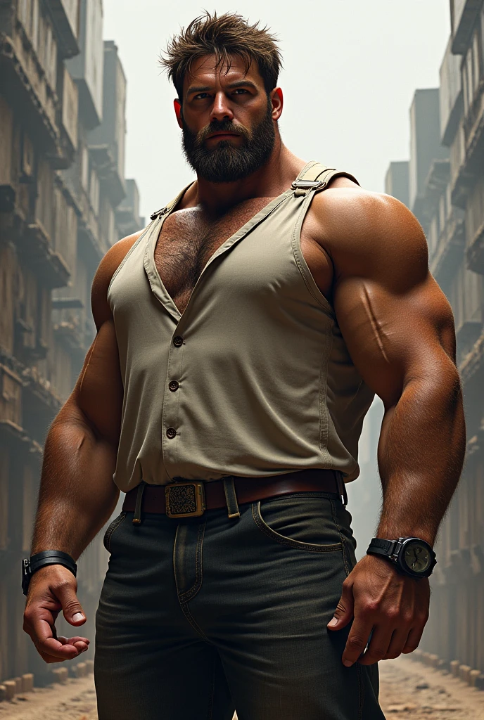 The sheriff has a brown beard, brown short haircut, Police uniform. muscular body, in a police station (best quality,4K,8K,highres,masterpiece:1.2),Ultra-detail,(realisti,photorealisti,photo-realisti:1.37), Film compositions,depth of field,Professional 3D rendering