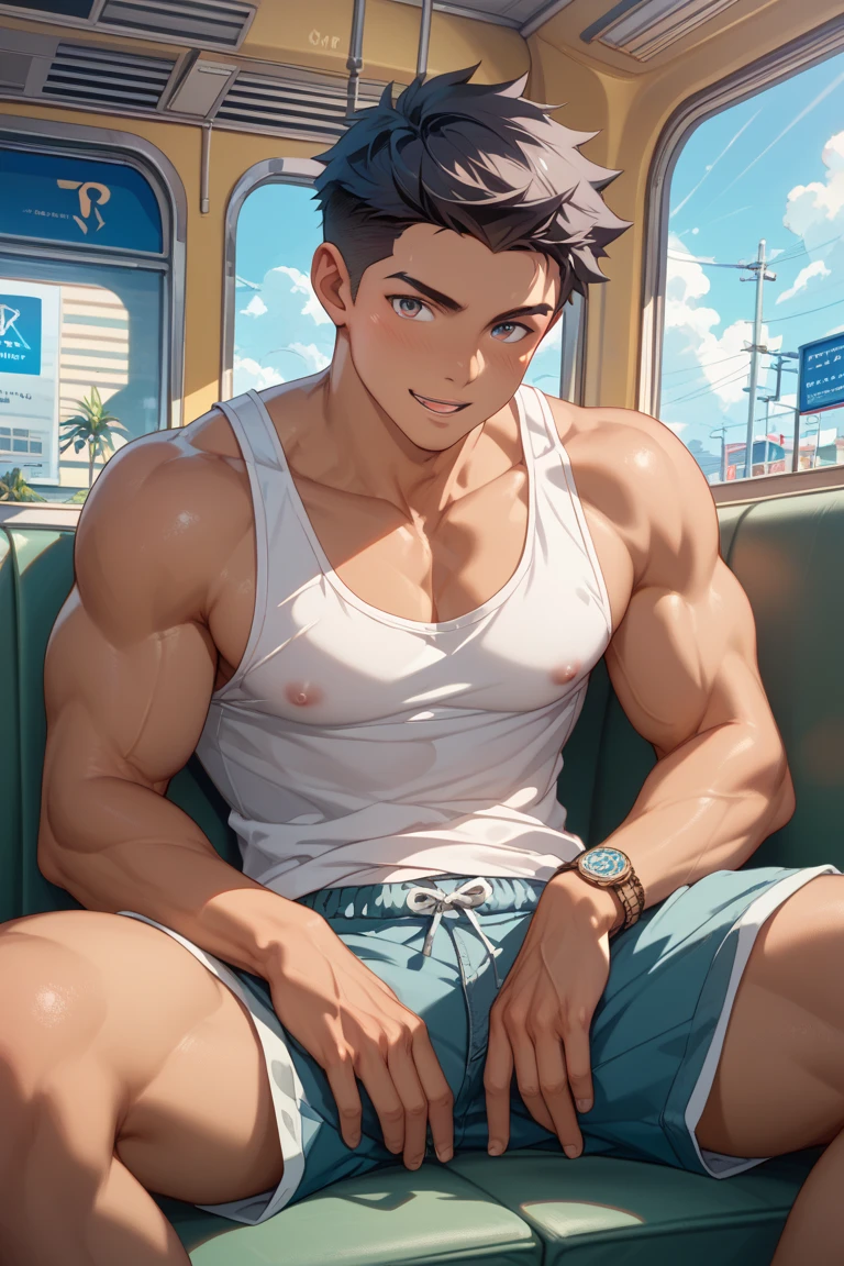 (tmasterpiece,超高分辨率,16k UHD,high qulity),low tune,lifeguard,Alpha male,Handsome and strong uncle, Dregs, (Sleep in the driver's seat of a car),full bodyesbian,Shirtless, swimming trunks,tmasterpiece,(with short brown hair),Black eyes,ssmile, (White clip foot dragging), Seoul, (dregs:1.5),(small heads),Precise anatomy,Precise hand structure,White swimming briefs,Unity 16K wallpaper,concept-art,One guy,8K eyes,(((Mature male))),((largeeyes:1.3)),(extra very short hair),((1 American Bizo)),swim trunks,(photorealiscic face:1.8),broad shoulder,slips,Male 35