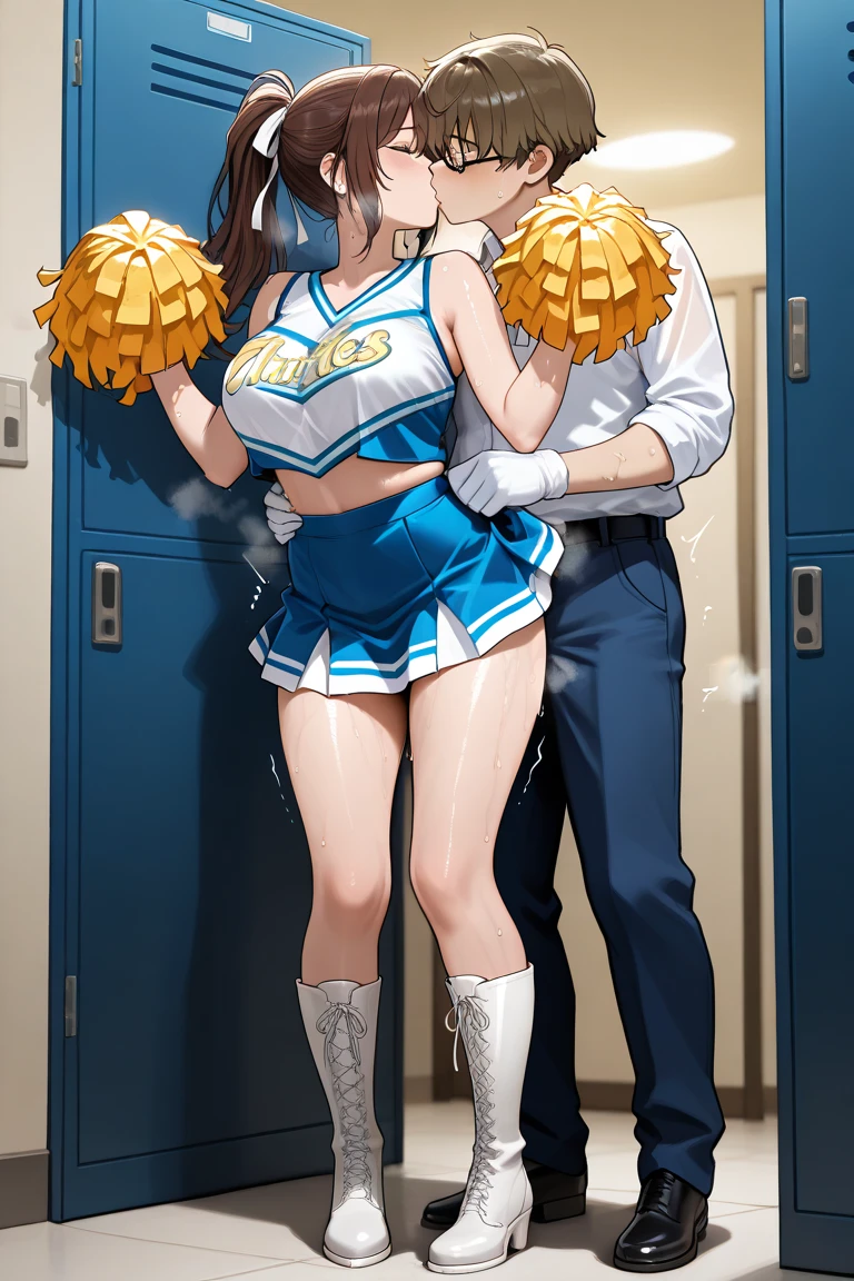 1 man 1 girl ;Sexy Manga comic sensual brunette girl blue eyes wet white t-shirt v-neckline, schoolar mini skirt and high heels boots she is squeezing a man in his groin big Dick, big balls burst(nsfw)(bigboob)(highly detailed) (concept art) (manga) (anime) (draw) (face anime detailed) (comics)(ballbusting)(wet t-shirt) (wet girl) (nipples)