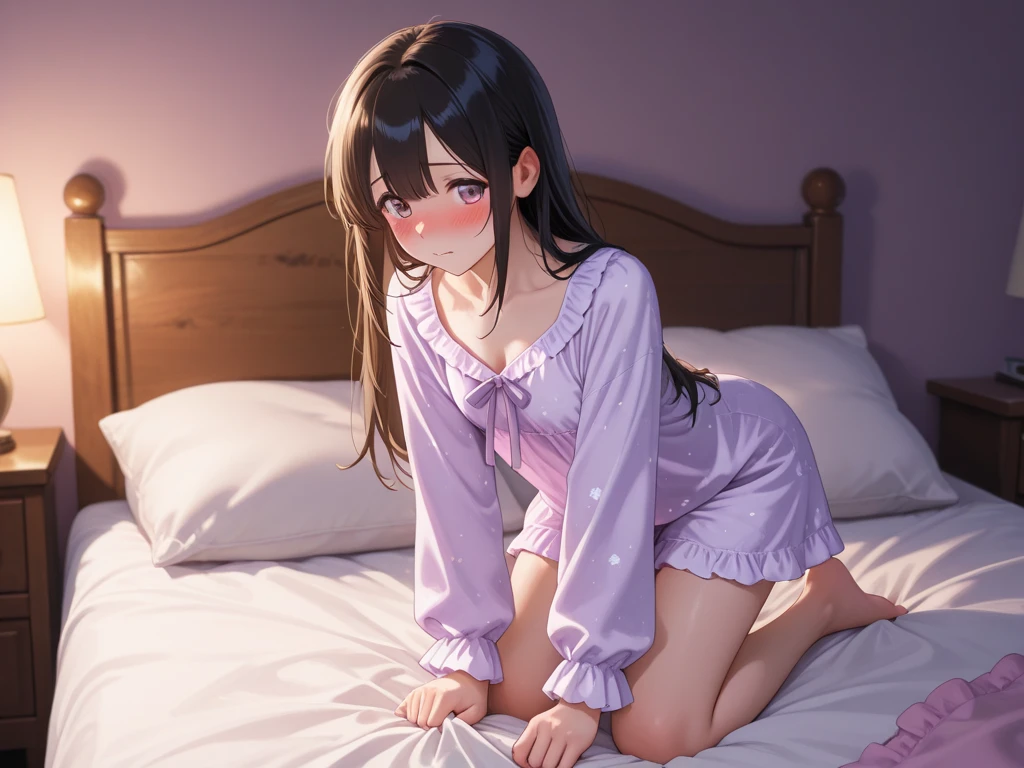 18 year old girl changing clothes in her bedroom. She's wearing small underwear and about to put on her nightgown. She has medium thighs and medium breasts.